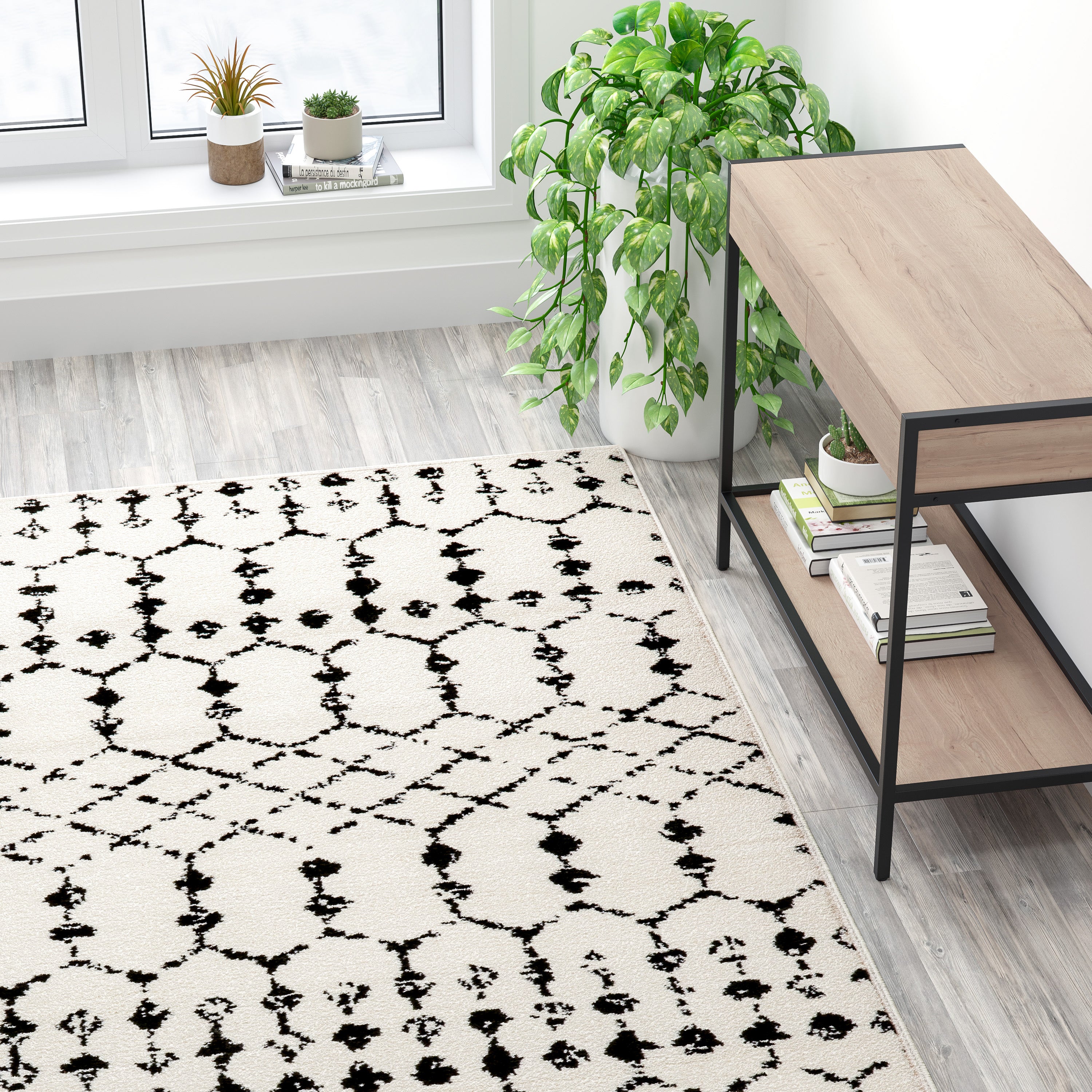 Beth Geometric Bohemian Low Pile Rug - 8' x 10' - Ivory/Black