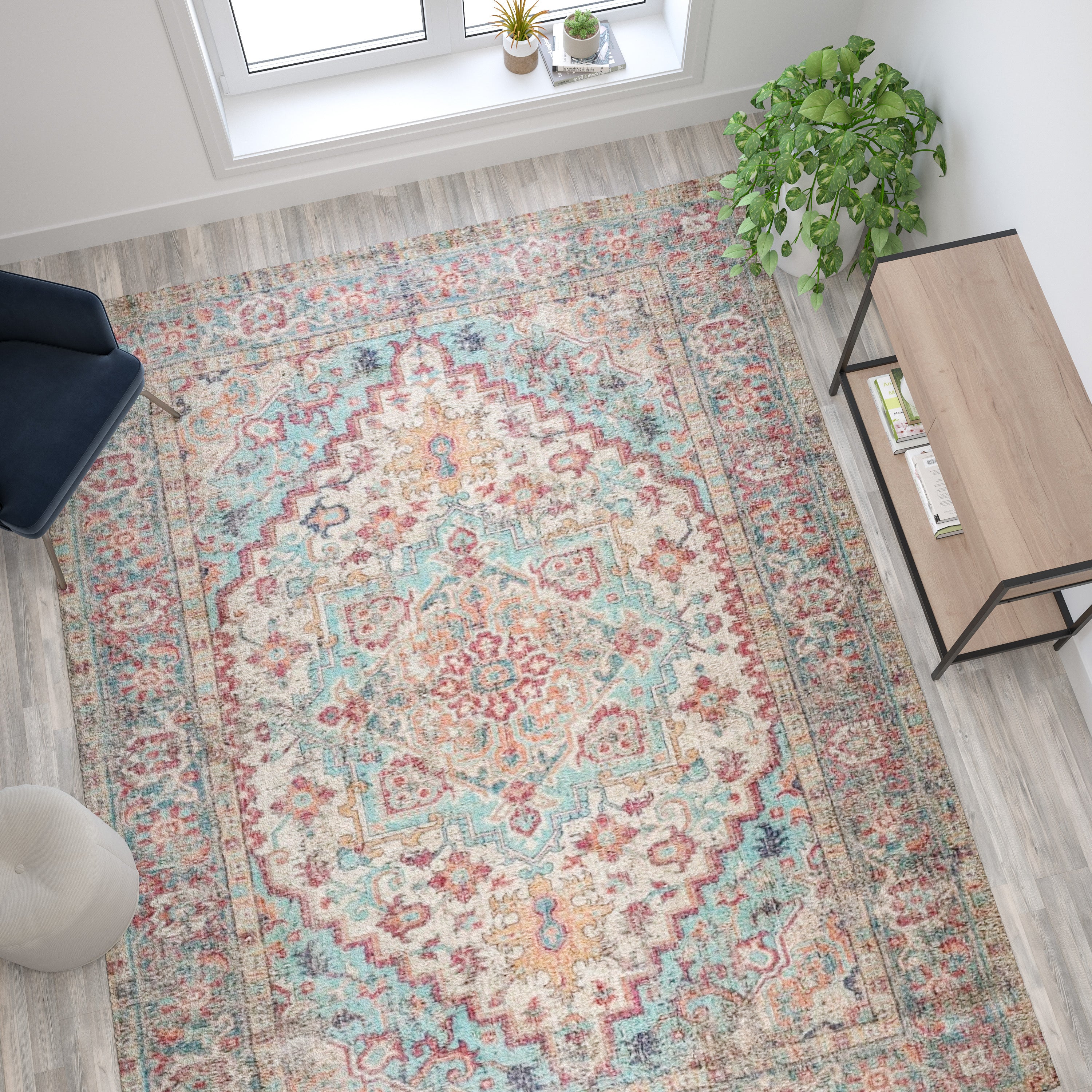 Katherine Distressed Vintage Medallion Area Rug - 8' x 10' - Blue Multi Polyester