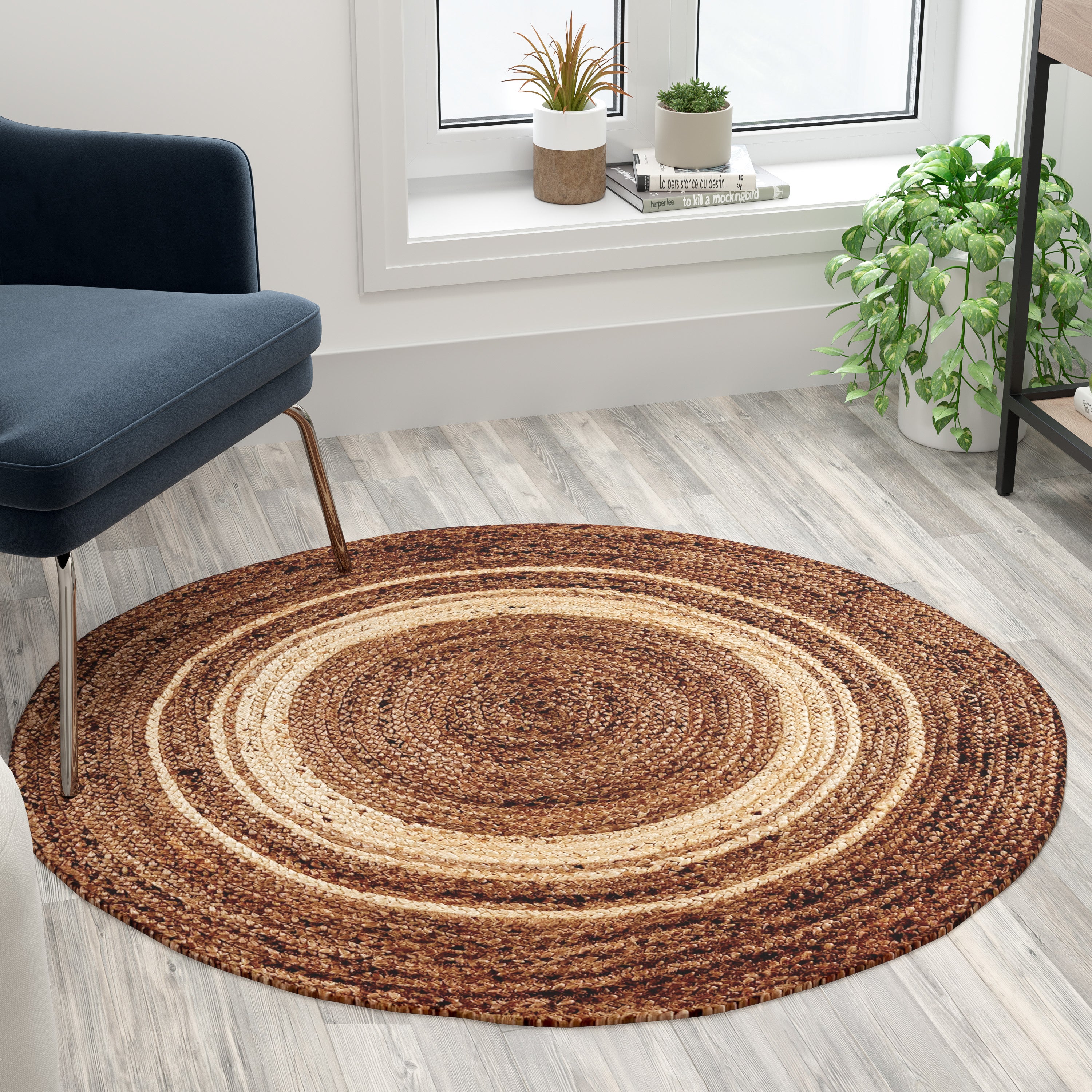 Prima Natural Fiber Jute Area Rug 4 Foot Round - Braided Indoor Jute Rug - Natural Area Rugs