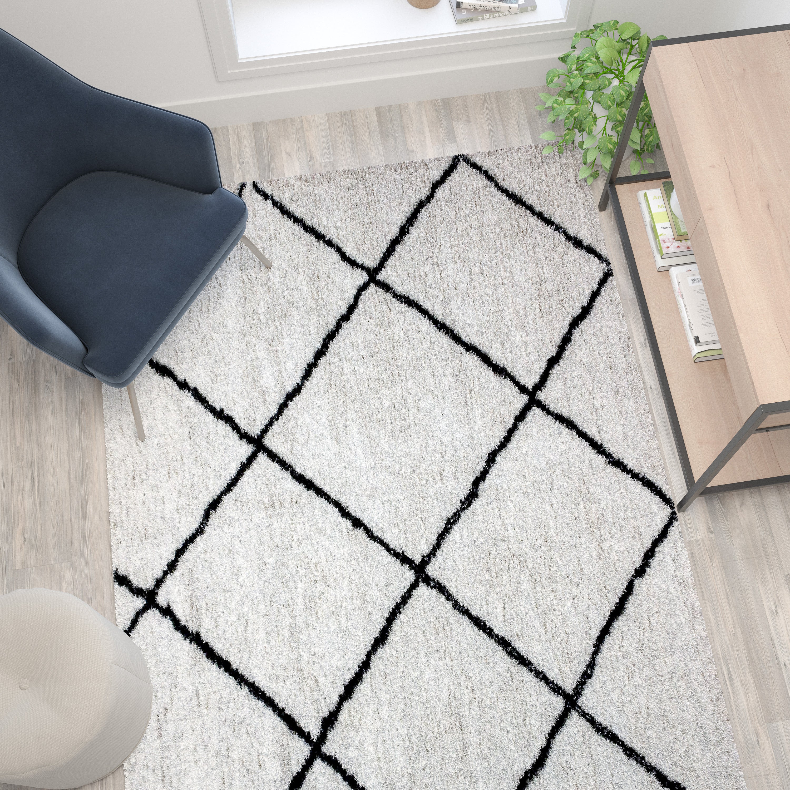 Roxy Shag Style Diamond Trellis Area Rug - 5' x 7' - Ivory