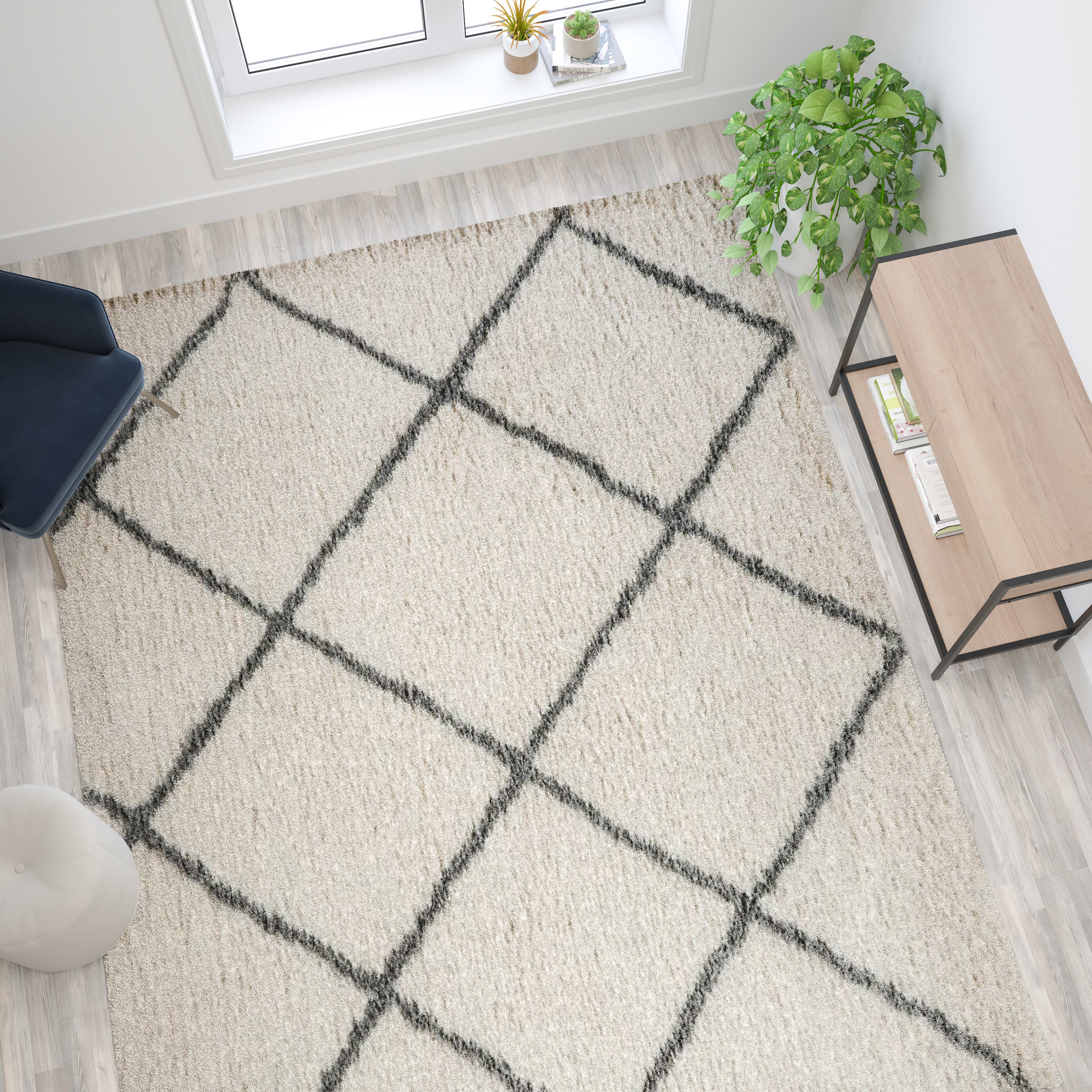 Roxy Shag Style Diamond Trellis Area Rug - 8' x 10' - Ivory/Gray Polyester (PET)