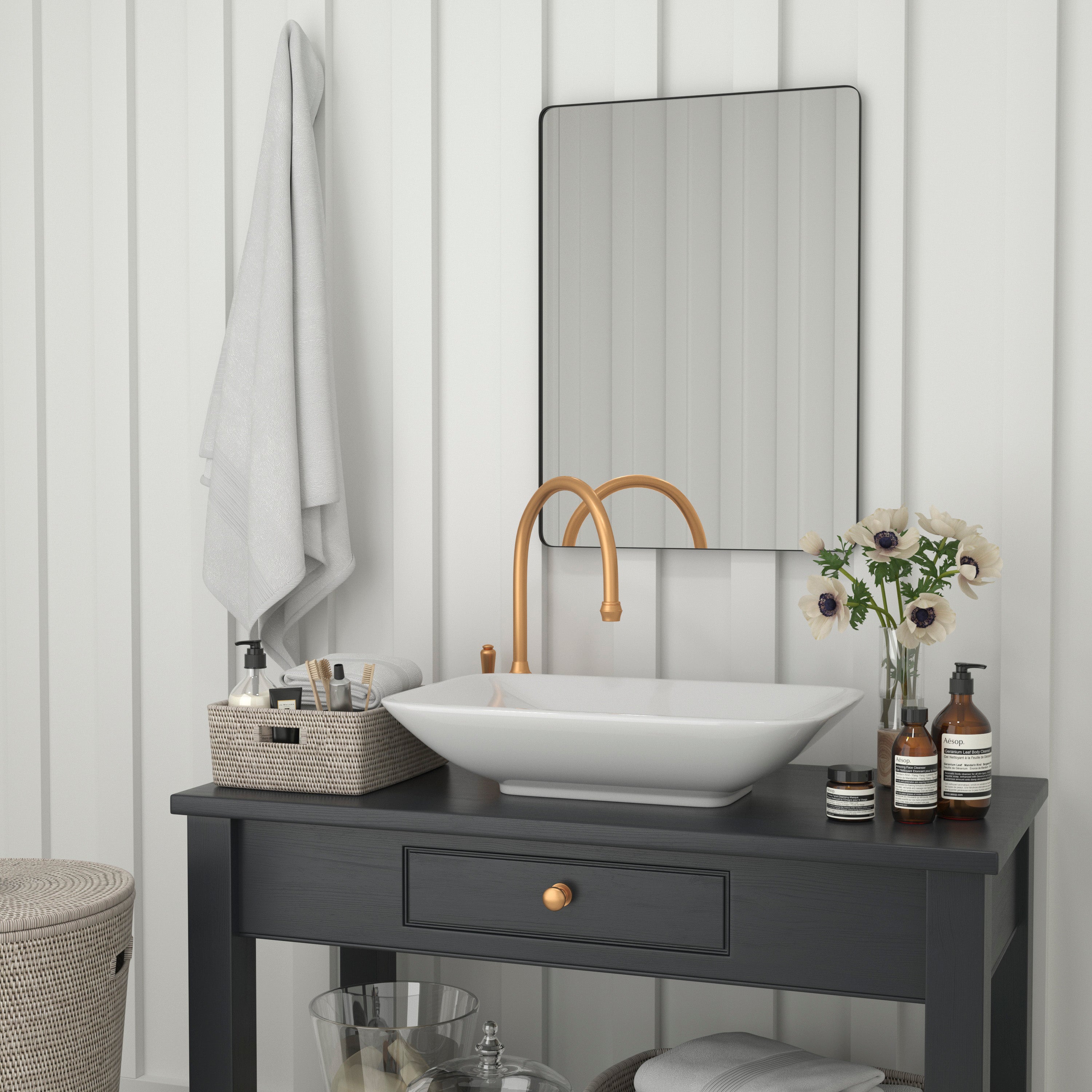 Susan 22" x 30" Decorative Wall Mirror - Rounded Corners, Bathroom & Living Room Glass Mirror Hangs Horizontal Or Vertical, Black