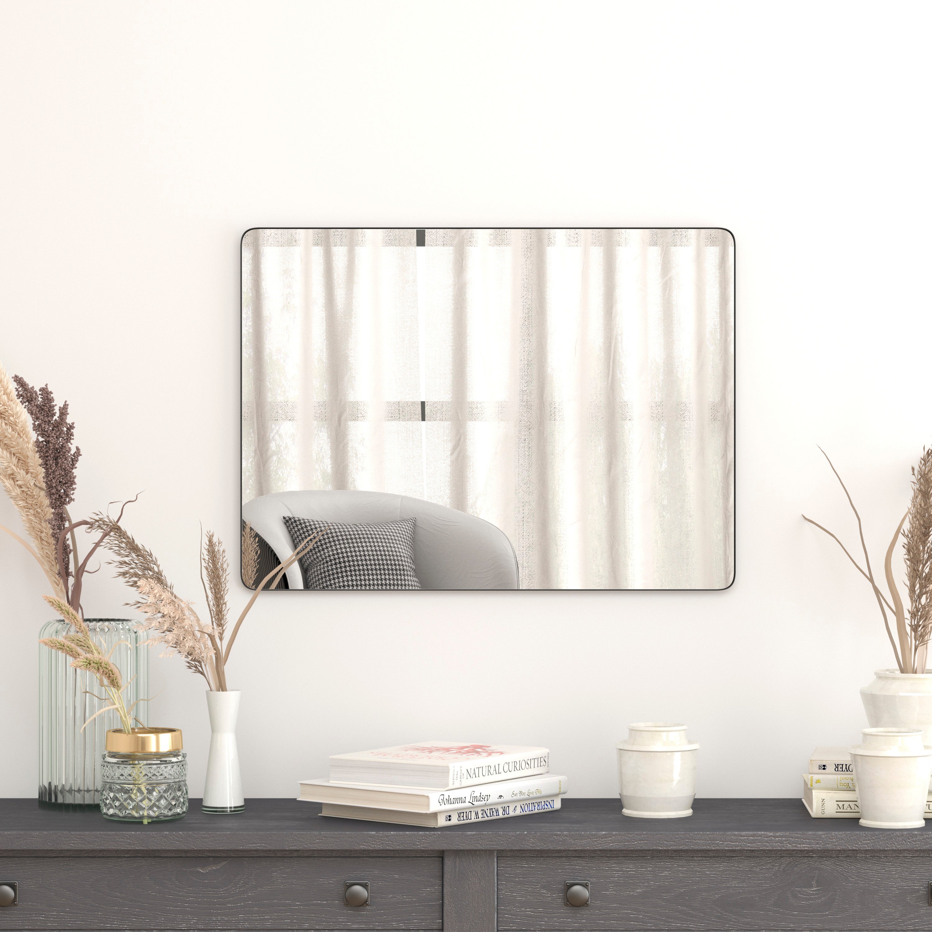 Susan 22" x 30" Decorative Wall Mirror - Rounded Corners, Bathroom & Living Room Glass Mirror Hangs Horizontal Or Vertical, Black