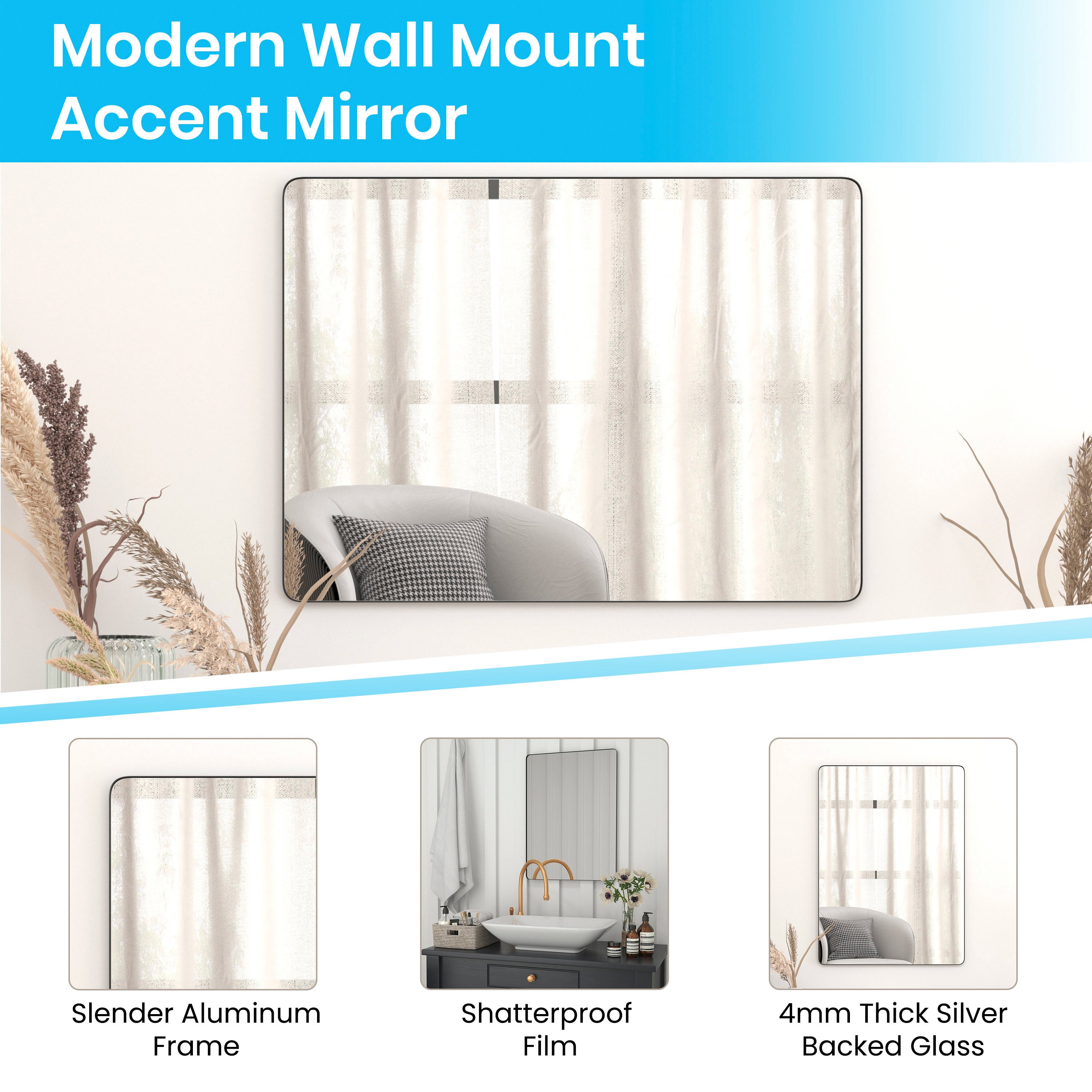 Susan 22" x 30" Decorative Wall Mirror - Rounded Corners, Bathroom & Living Room Glass Mirror Hangs Horizontal Or Vertical, Black