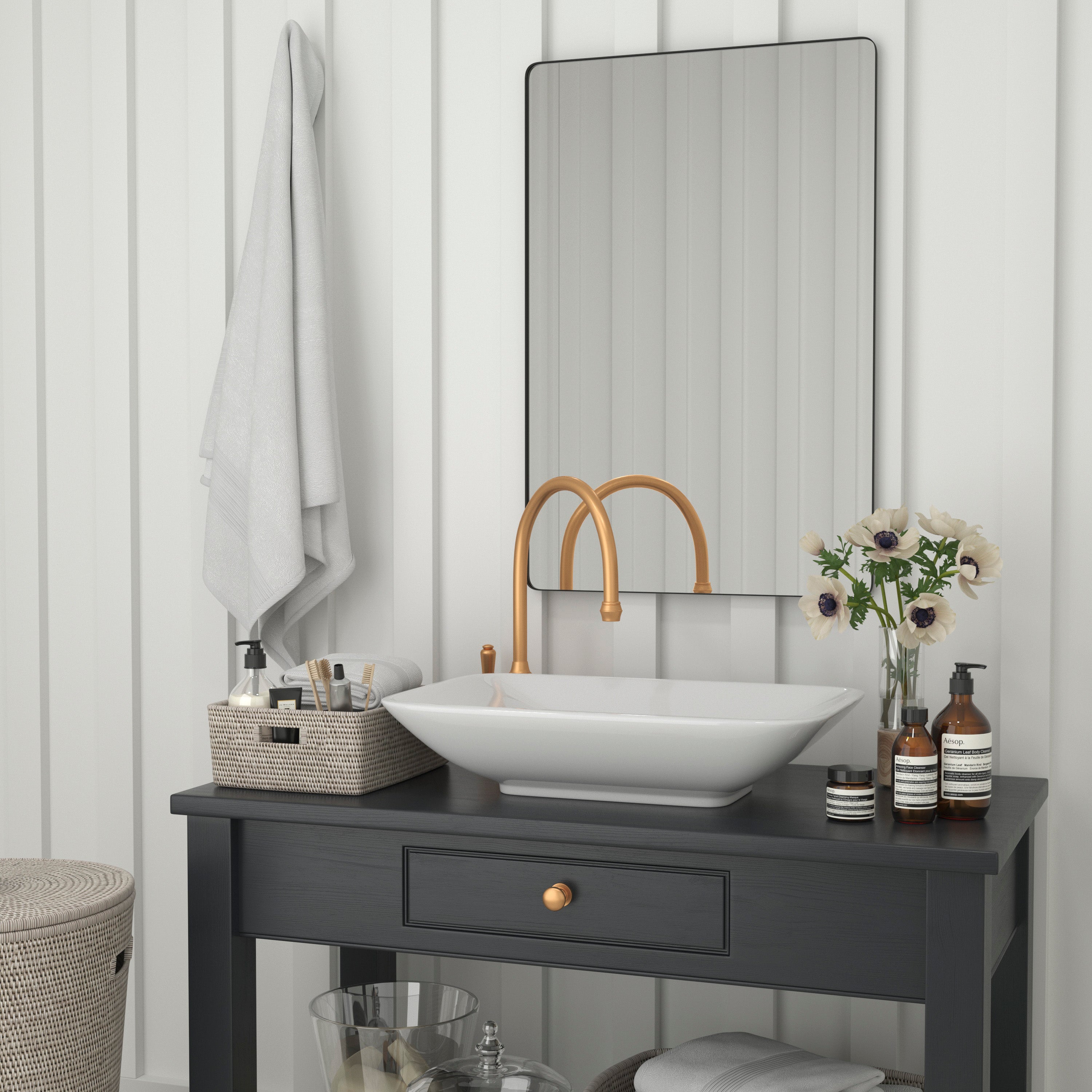 Susan 24" x 36" Decorative Wall Mirror - Rounded Corners, Bathroom & Living Room Glass Mirror Hangs Horizontal Or Vertical, Black