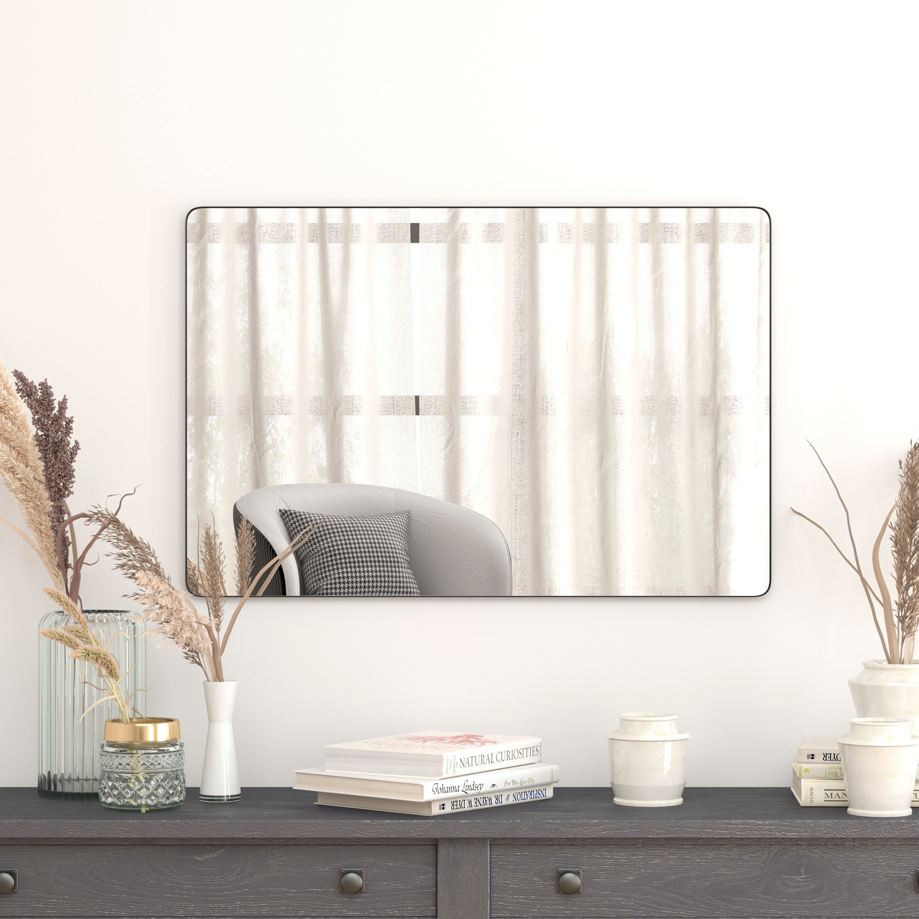 Susan 24" x 36" Decorative Wall Mirror - Rounded Corners, Bathroom & Living Room Glass Mirror Hangs Horizontal Or Vertical, Black