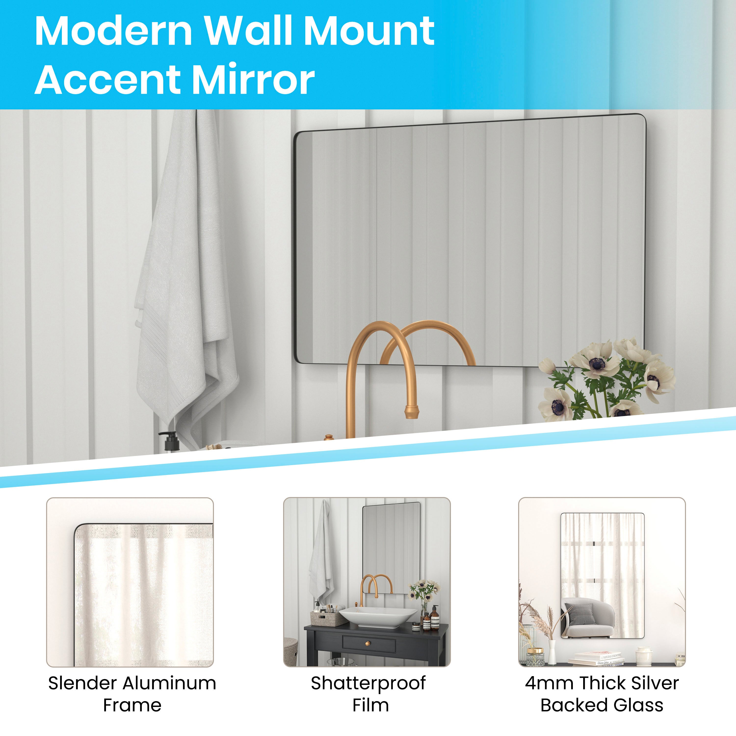 Susan 24" x 36" Decorative Wall Mirror - Rounded Corners, Bathroom & Living Room Glass Mirror Hangs Horizontal Or Vertical, Black