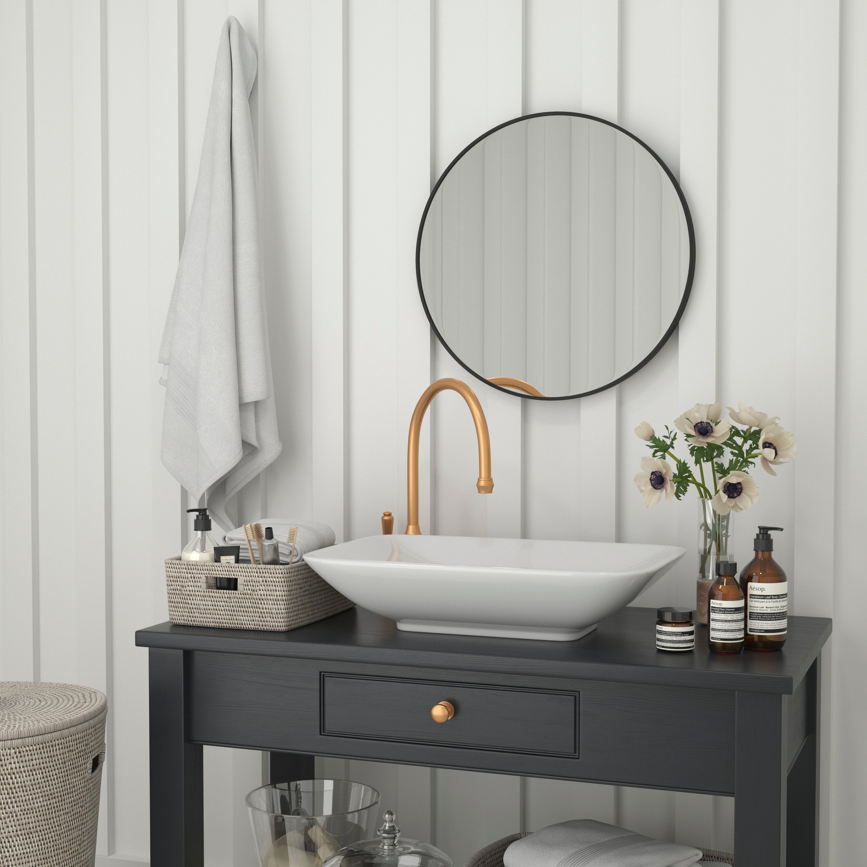 Julianne 24" Round Black Metal Framed Wall Mirror - Large Accent Mirror for Bathroom, Vanity, Entryway, Dining Room, & Living Room