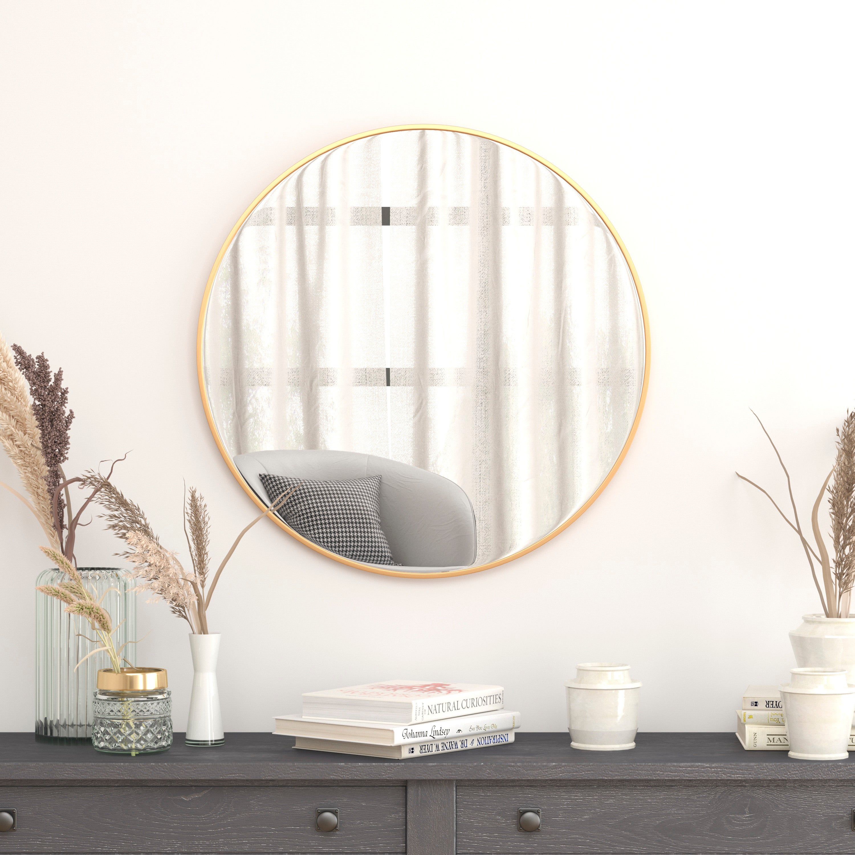 Julianne 30" Round Gold Metal Framed Wall Mirror - Large Accent Mirror for Bathroom, Vanity, Entryway, Dining Room, & Living Room