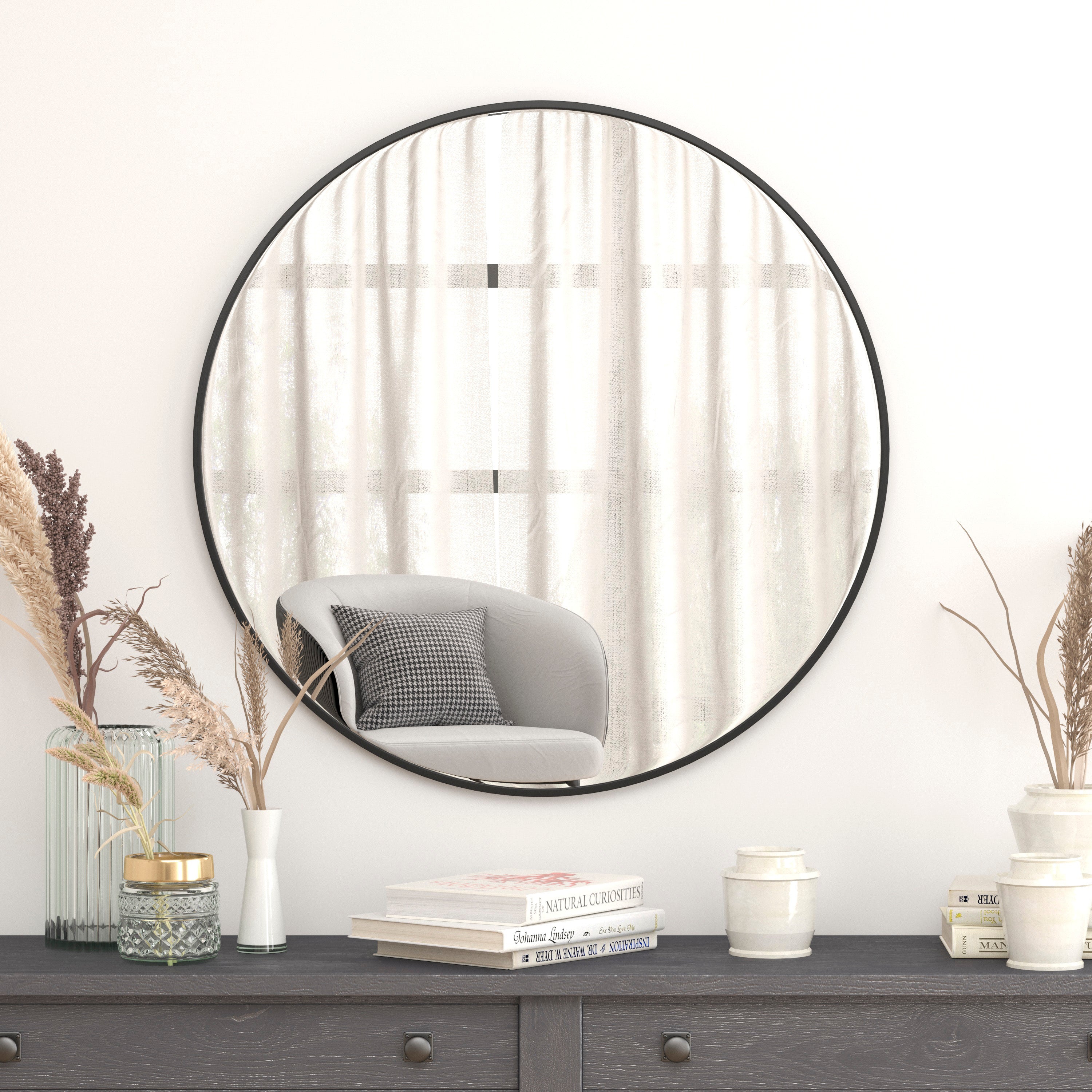 Julianne 36" Round Black Metal Framed Wall Mirror - Large Accent Mirror for Bathroom, Vanity, Entryway, Dining Room, & Living Room