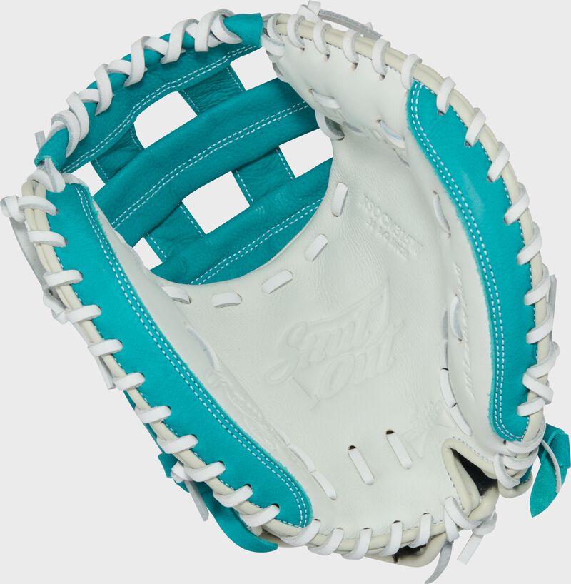 Rawlings Shut Out Series Catchers Mitt 31.5-Inch  Softball Glove - Right Hand Thrower - White/Teal