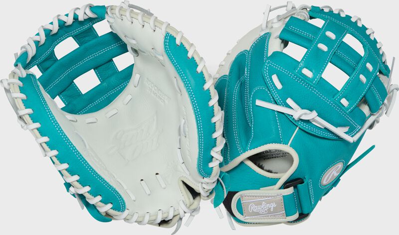 Rawlings Shut Out Series Catchers Mitt 31.5-Inch  Softball Glove - Right Hand Thrower - White/Teal
