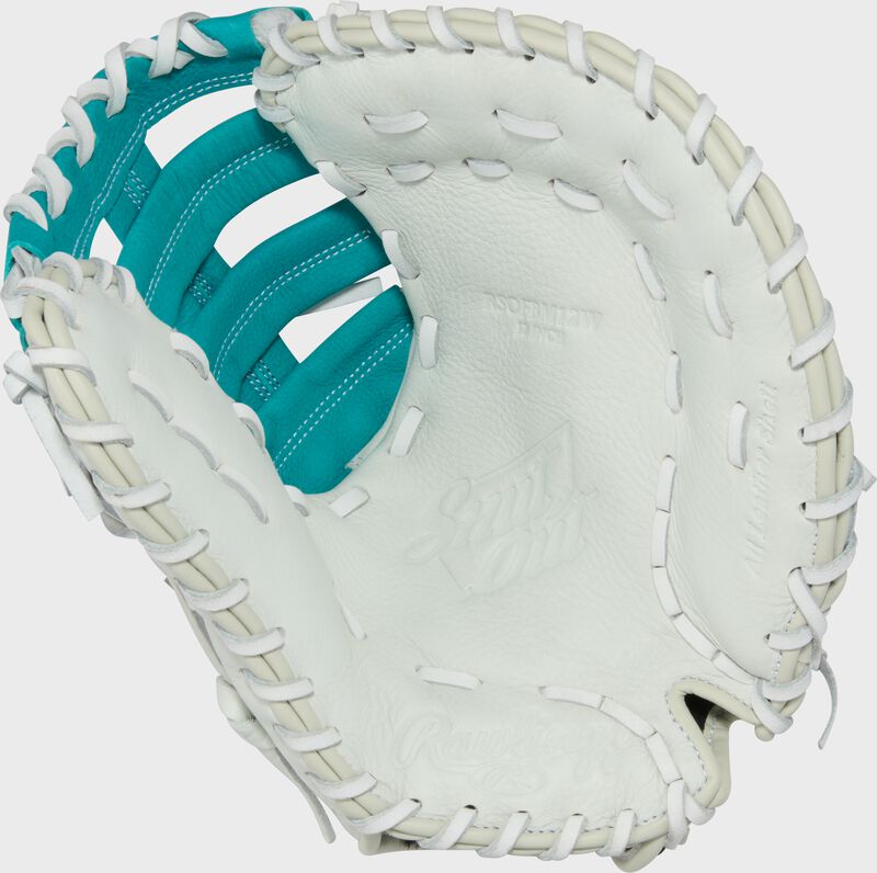 Rawlings Shut Out Series First Base Mitt 12-Inch Softball Glove - Right Hand Thrower - White/Teal
