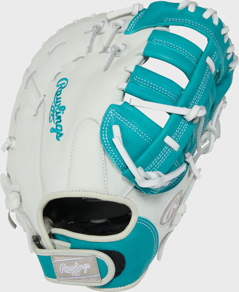 Rawlings Shut Out Series First Base Mitt 12-Inch Softball Glove - Left Hand Thrower - White/Teal
