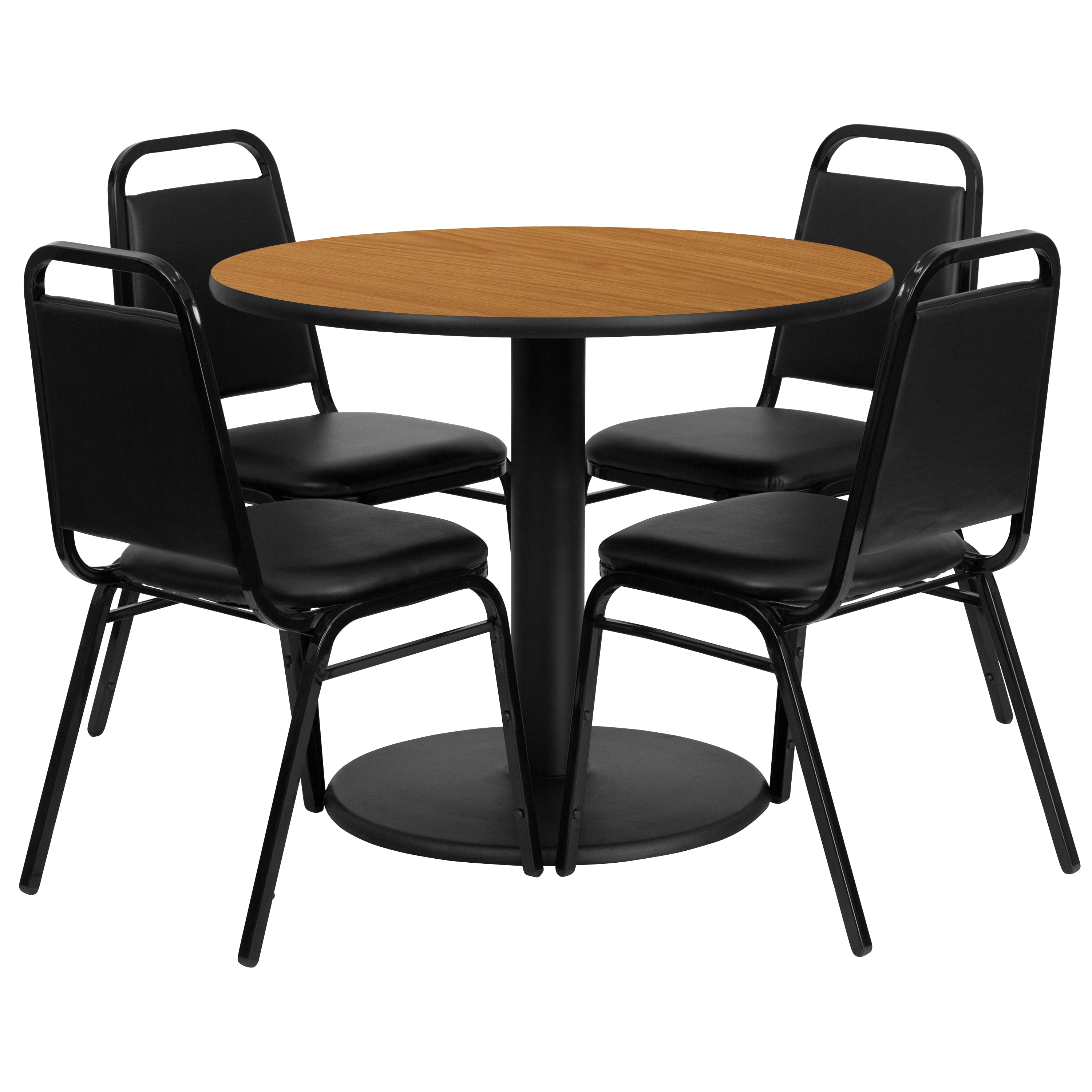 Jamie 36'' Round Natural Laminate Table Set with Round Base and 4 Black Trapezoidal Back Banquet Chairs