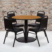 Jamie 36'' Round Natural Laminate Table Set with Round Base and 4 Black Trapezoidal Back Banquet Chairs