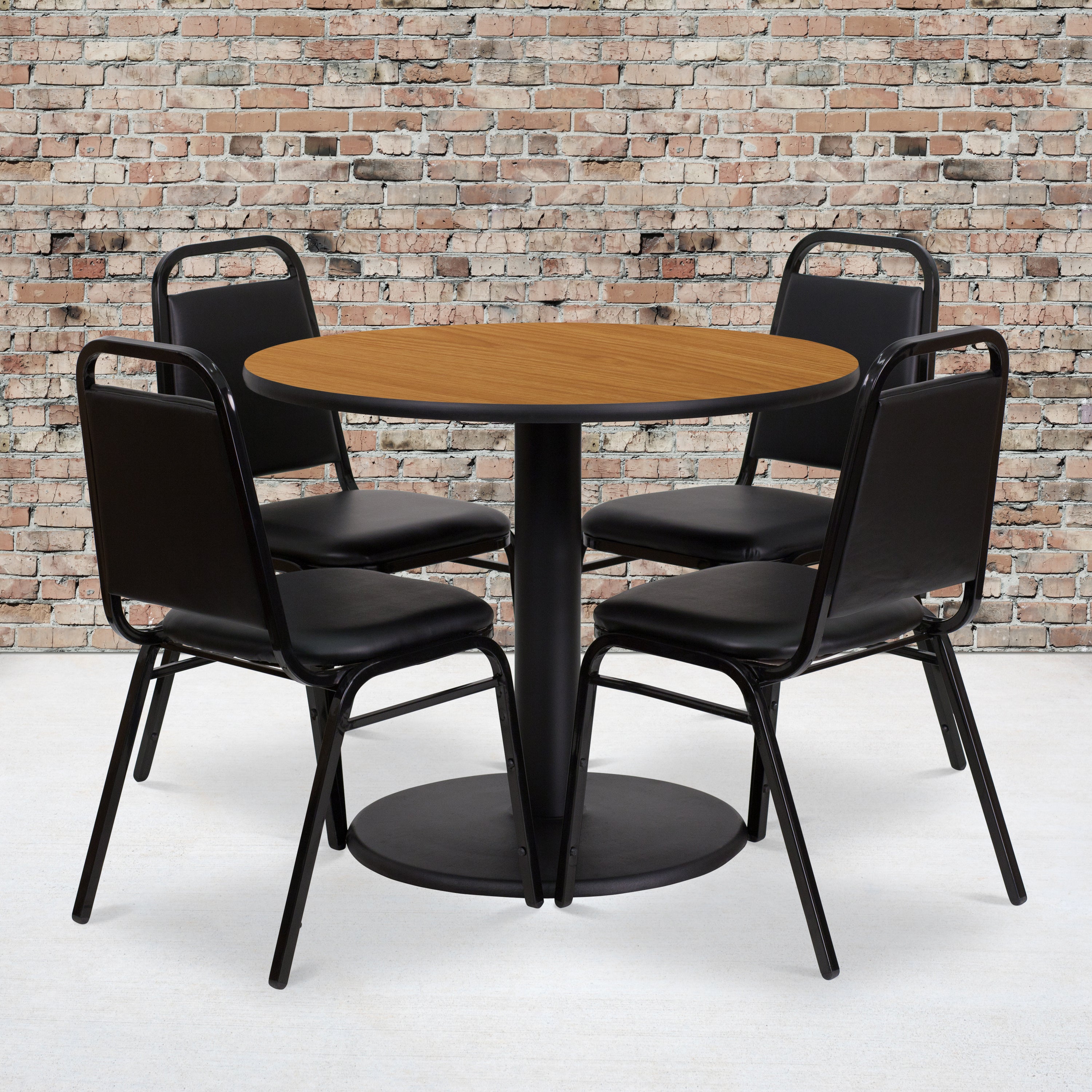 Jamie 36'' Round Natural Laminate Table Set with Round Base and 4 Black Trapezoidal Back Banquet Chairs