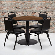 Jamie 36'' Round Walnut Laminate Table Set with Round Base and 4 Black Trapezoidal Back Banquet Chairs