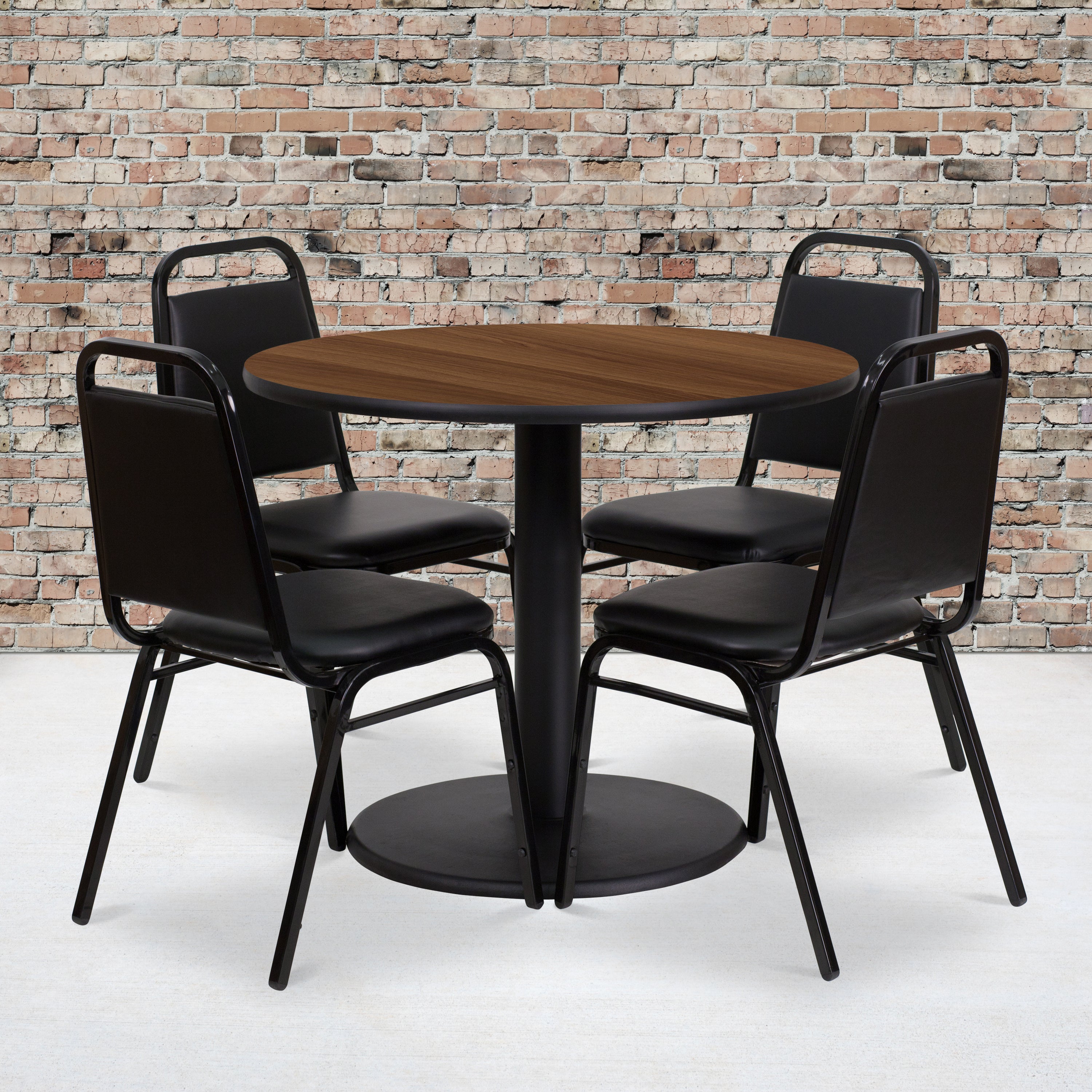 Jamie 36'' Round Walnut Laminate Table Set with Round Base and 4 Black Trapezoidal Back Banquet Chairs