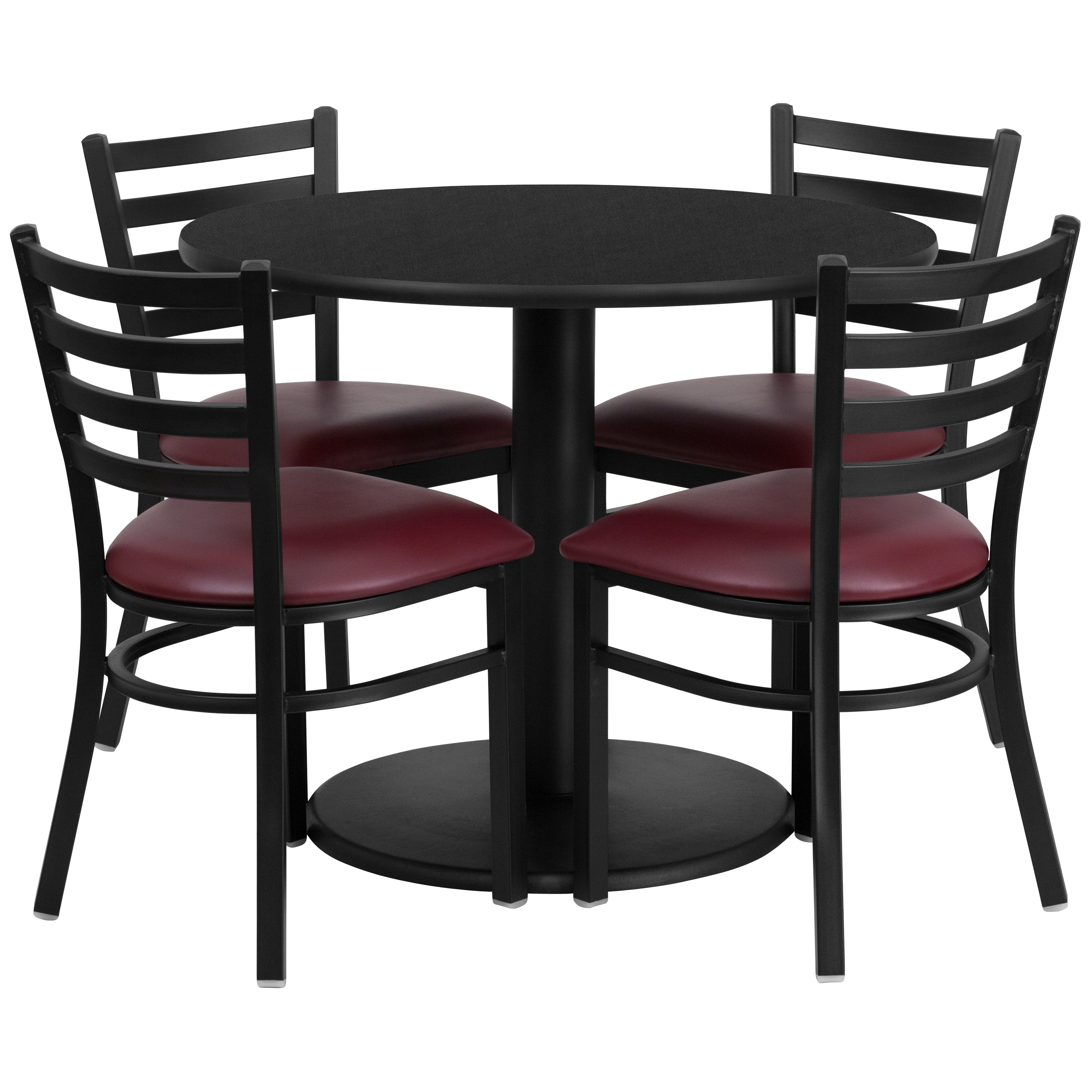 Jamie 36'' Round Black Laminate Table Set with Round Base and 4 Ladder Back Metal Chairs - Burgundy Vinyl Seat