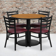 Jamie 36'' Round Natural Laminate Table Set with Round Base and 4 Ladder Back Metal Chairs - Burgundy Vinyl Seat