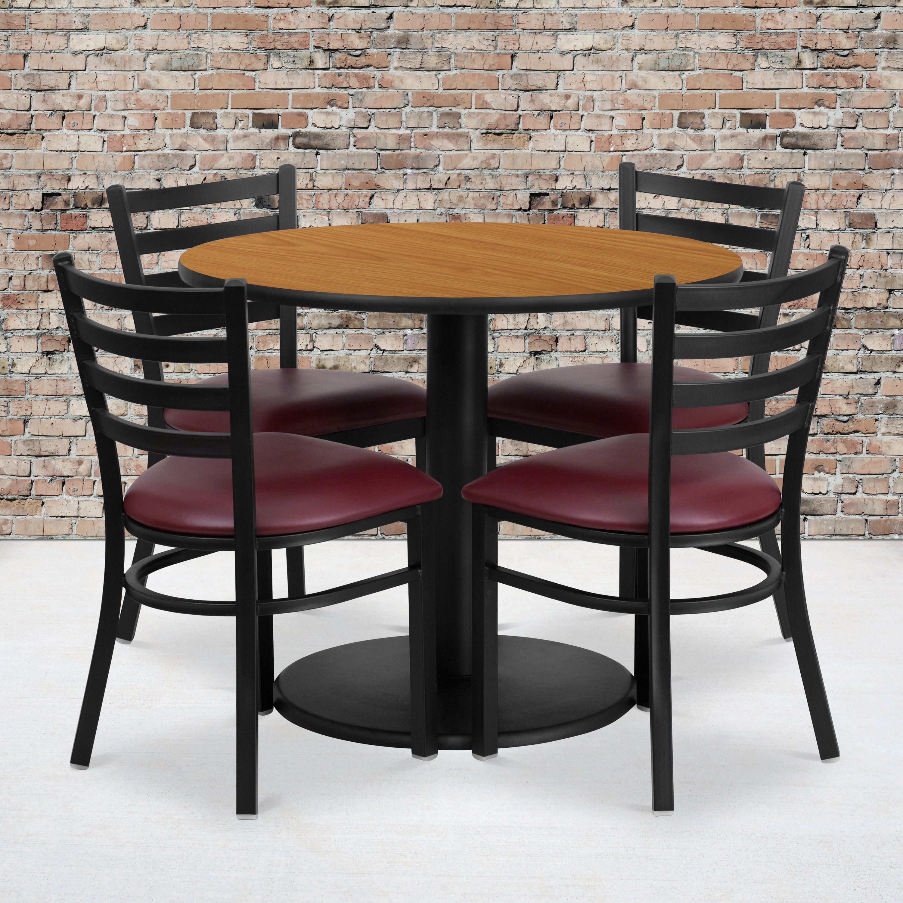 Jamie 36'' Round Natural Laminate Table Set with Round Base and 4 Ladder Back Metal Chairs - Burgundy Vinyl Seat