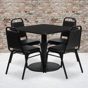 Jamie 36'' Square Black Laminate Table Set with Round Base and 4 Black Trapezoidal Back Banquet Chairs
