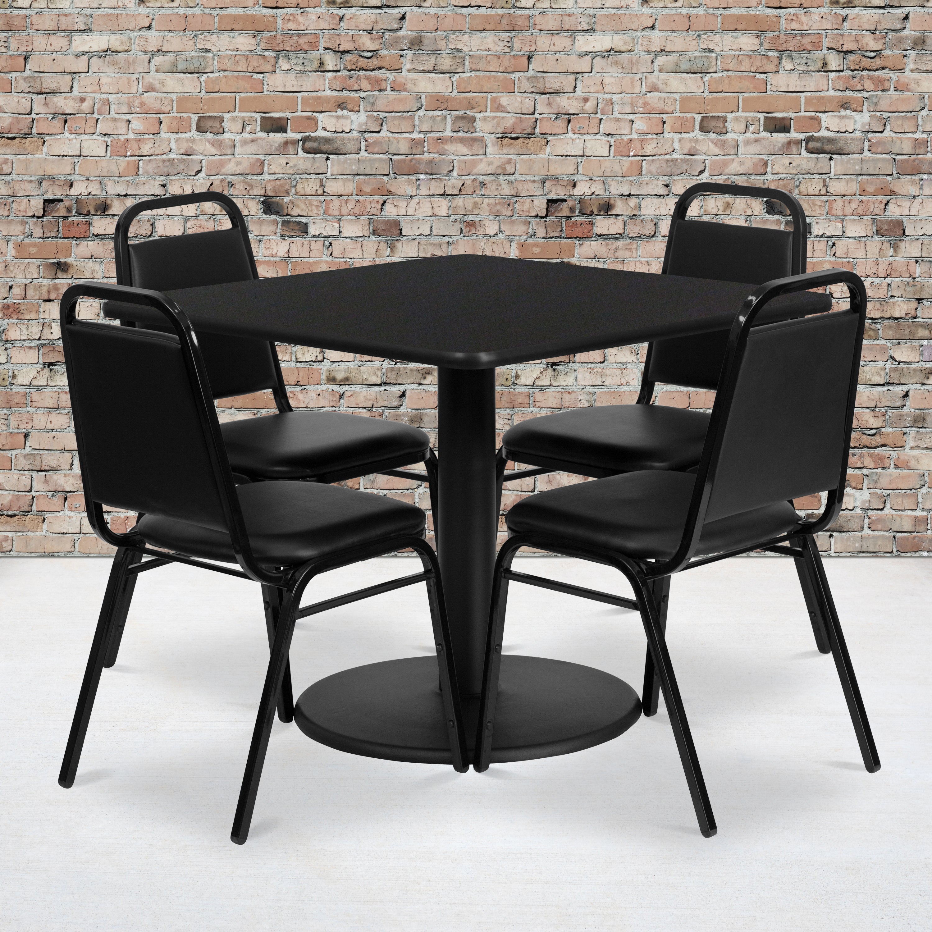 Jamie 36'' Square Black Laminate Table Set with Round Base and 4 Black Trapezoidal Back Banquet Chairs