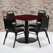 Jamie 36'' Square Mahogany Laminate Table Set with Round Base and 4 Black Trapezoidal Back Banquet Chairs