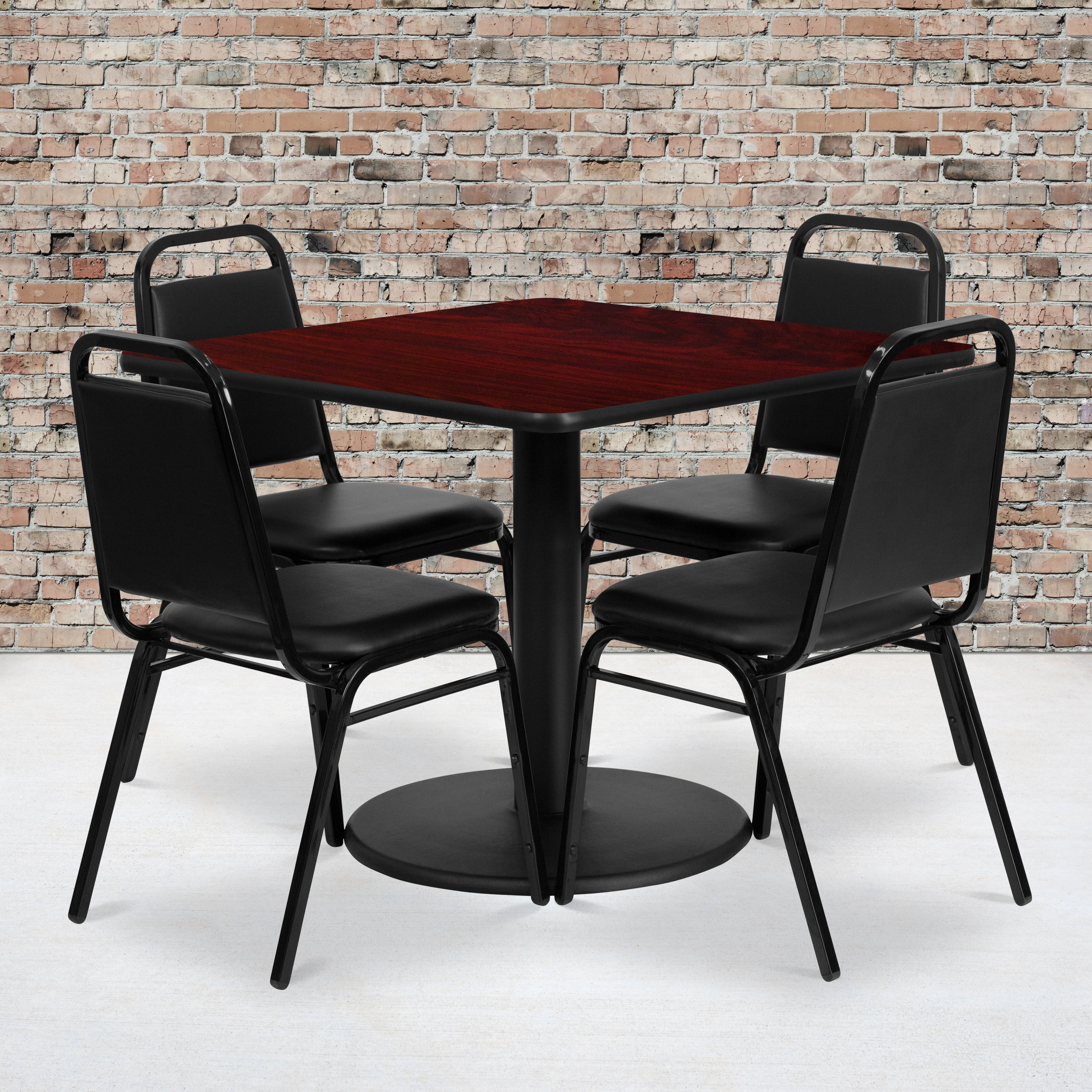 Jamie 36'' Square Mahogany Laminate Table Set with Round Base and 4 Black Trapezoidal Back Banquet Chairs