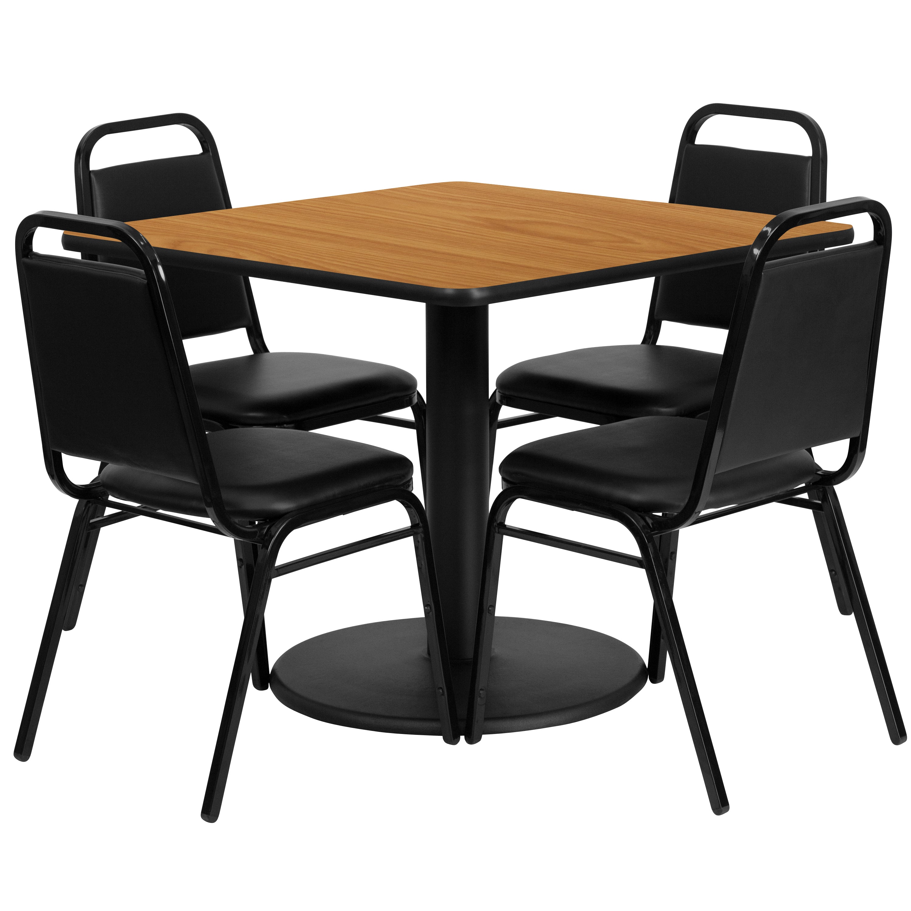 Jamie 36'' Square Natural Laminate Table Set with Round Base and 4 Black Trapezoidal Back Banquet Chairs