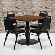 Jamie 36'' Square Walnut Laminate Table Set with Round Base and 4 Black Trapezoidal Back Banquet Chairs
