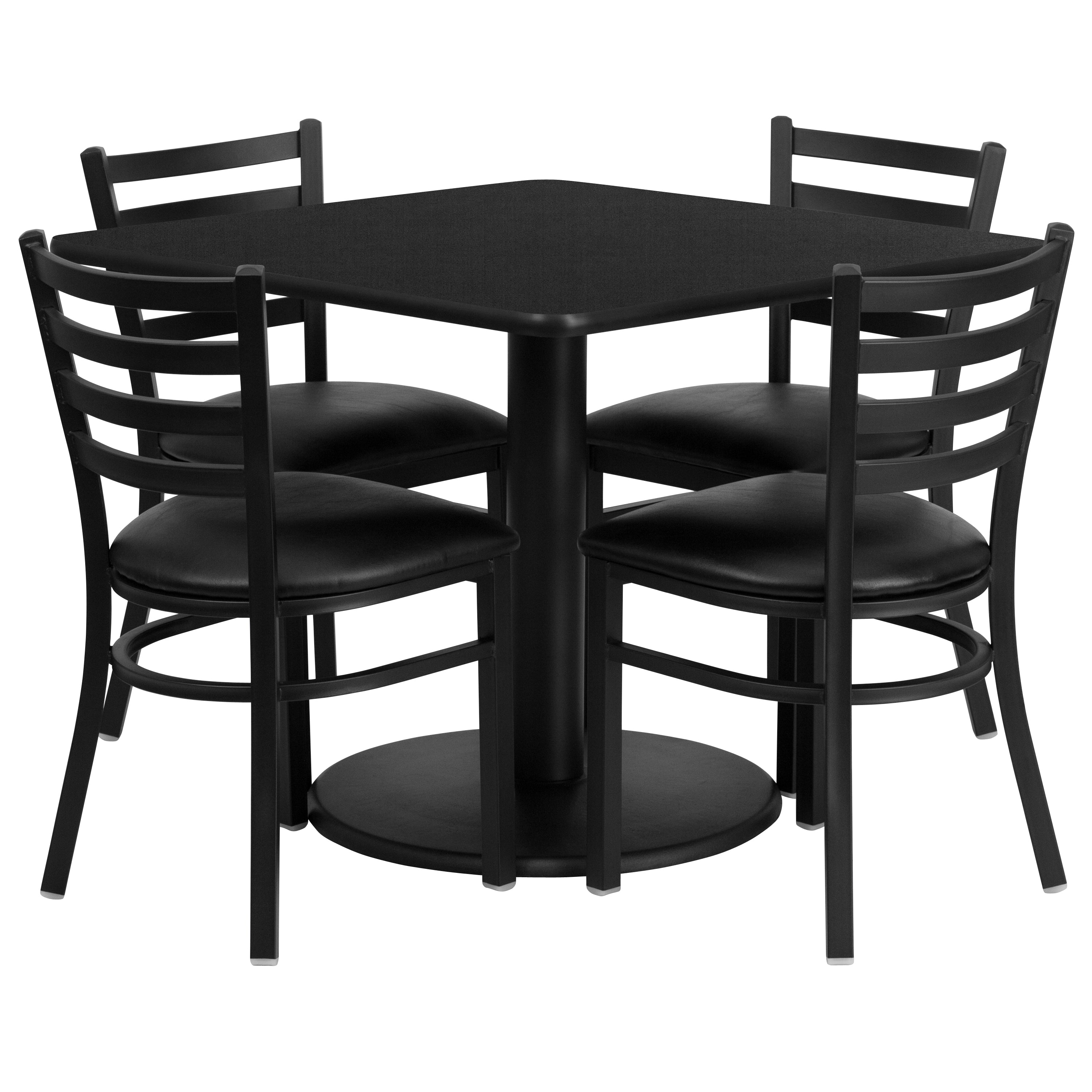 Jamie 36'' Square Black Laminate Table Set with Round Base and 4 Ladder Back Metal Chairs - Black Vinyl Seat