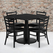 Jamie 36'' Square Black Laminate Table Set with Round Base and 4 Ladder Back Metal Chairs - Black Vinyl Seat