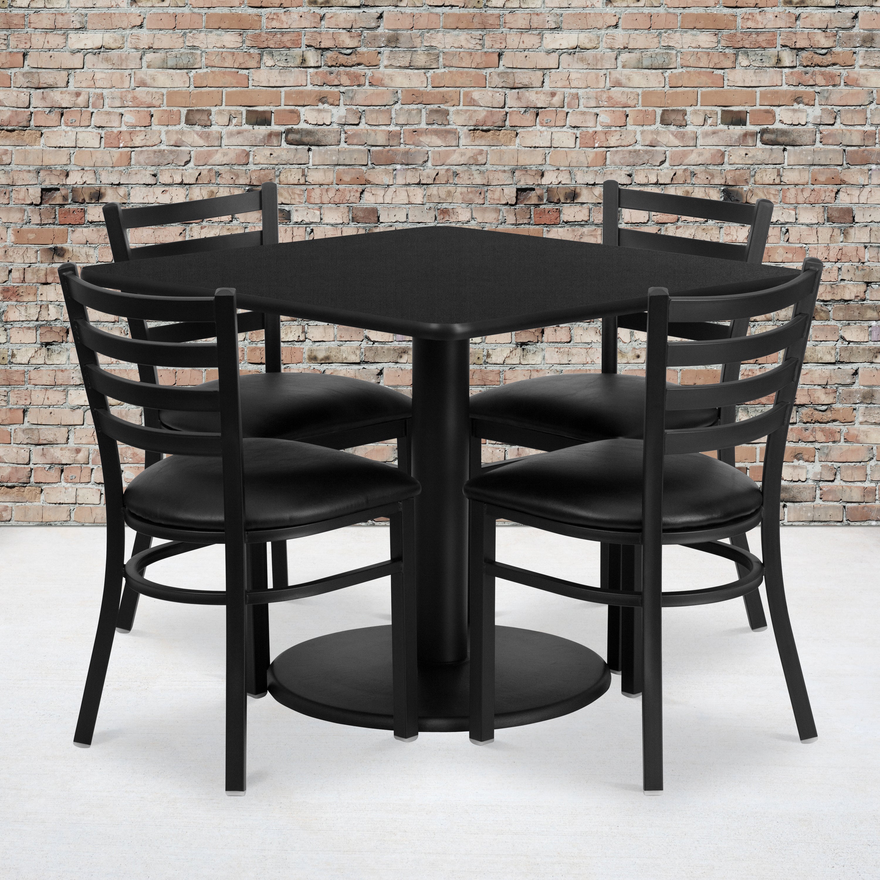 Jamie 36'' Square Black Laminate Table Set with Round Base and 4 Ladder Back Metal Chairs - Black Vinyl Seat