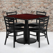 Jamie 36'' Square Mahogany Laminate Table Set with Round Base and 4 Ladder Back Metal Chairs - Black Vinyl Seat