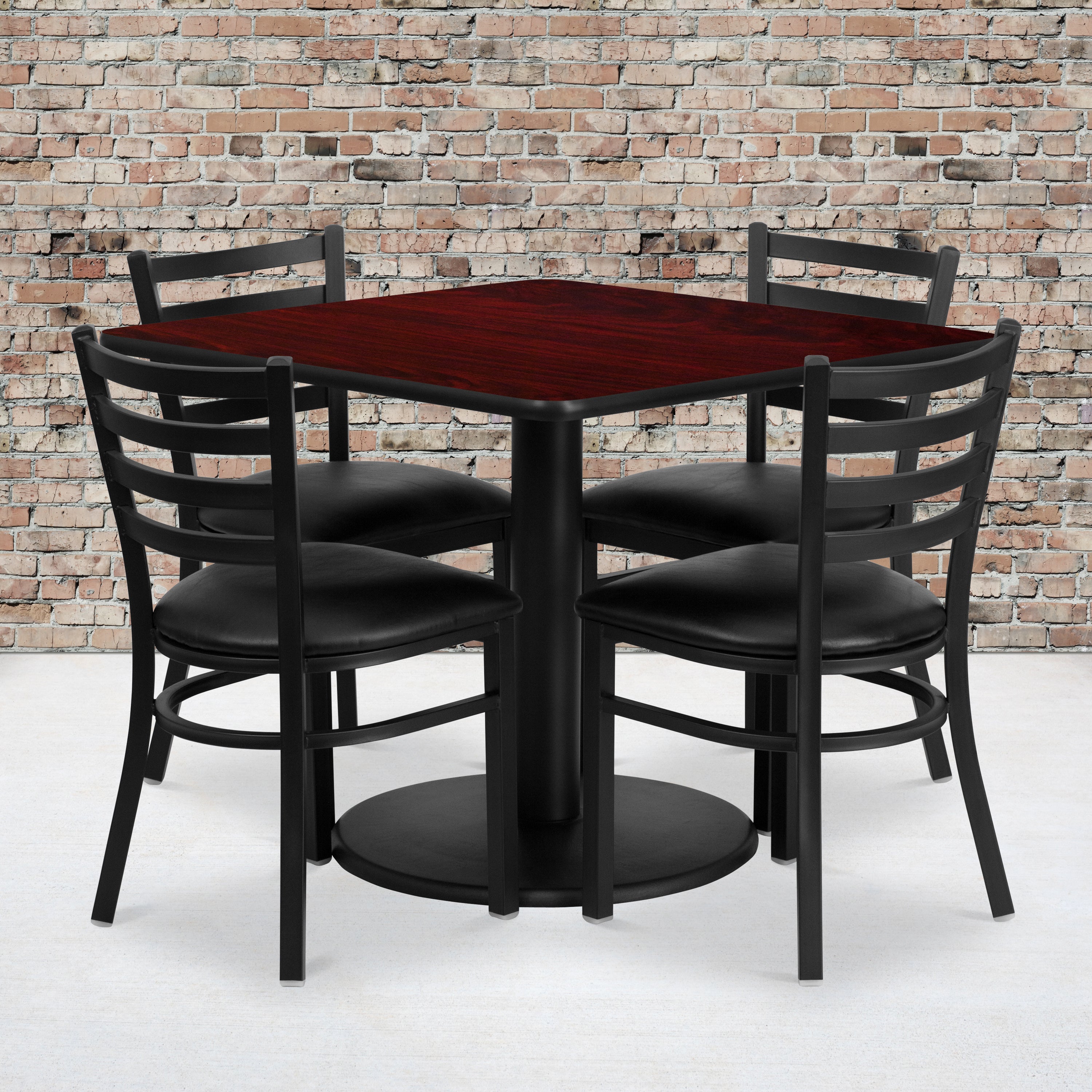 Jamie 36'' Square Mahogany Laminate Table Set with Round Base and 4 Ladder Back Metal Chairs - Black Vinyl Seat