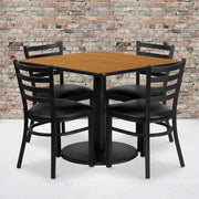 Jamie 36'' Square Natural Laminate Table Set with Round Base and 4 Ladder Back Metal Chairs - Black Vinyl Seat