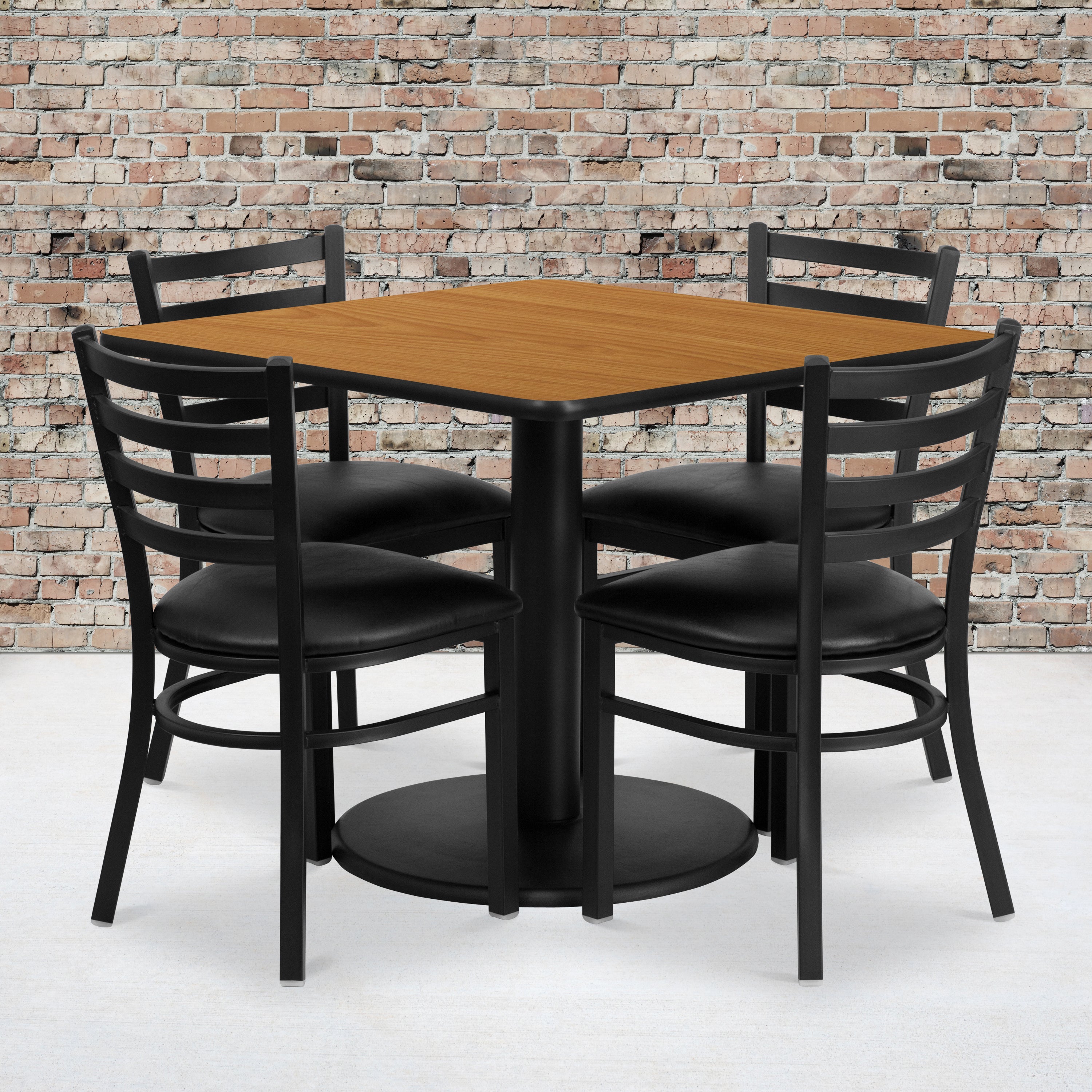 Jamie 36'' Square Natural Laminate Table Set with Round Base and 4 Ladder Back Metal Chairs - Black Vinyl Seat