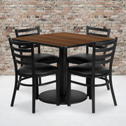 Jamie 36'' Square Walnut Laminate Table Set with Round Base and 4 Ladder Back Metal Chairs - Black Vinyl Seat