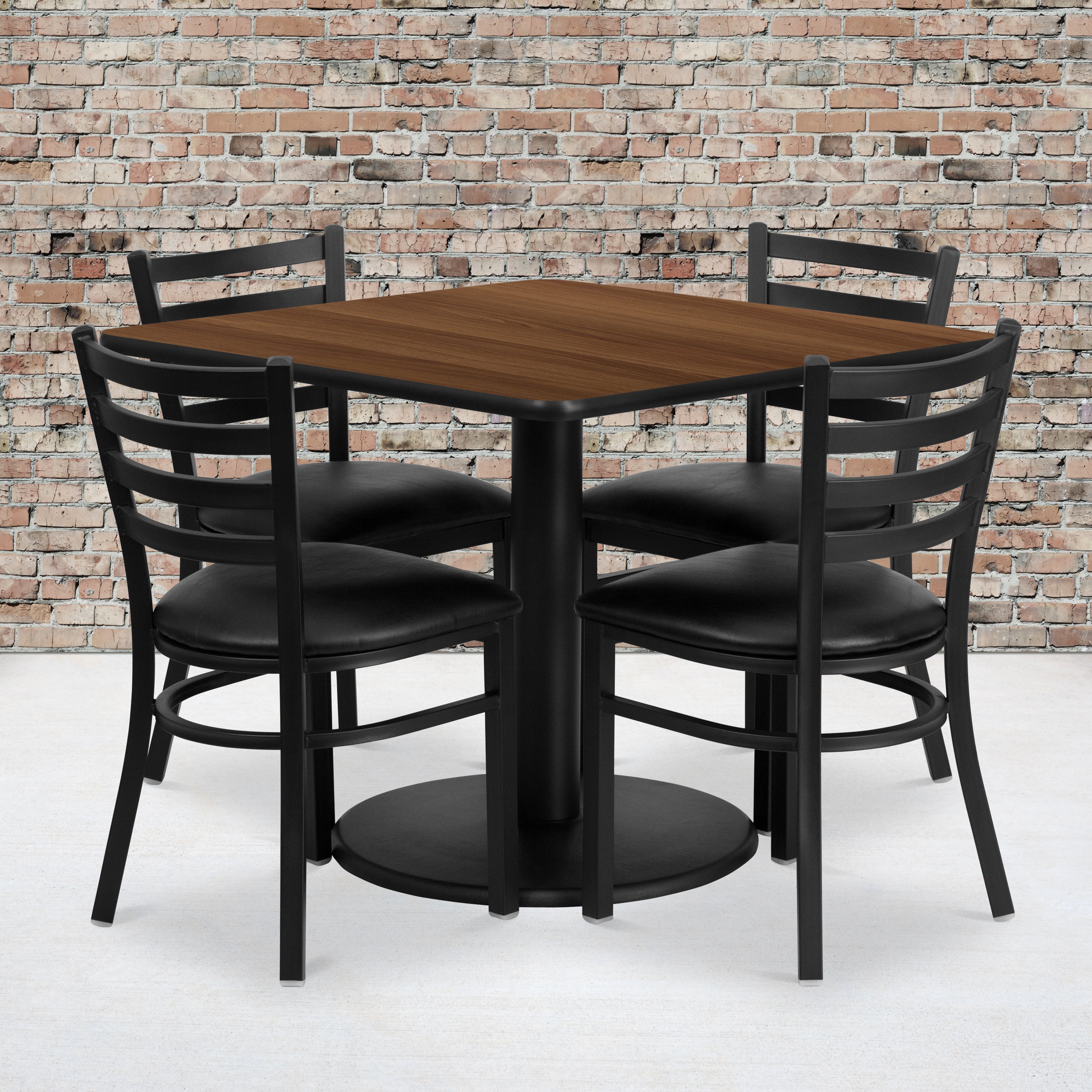 Jamie 36'' Square Walnut Laminate Table Set with Round Base and 4 Ladder Back Metal Chairs - Black Vinyl Seat