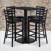 Jamie 24'' x 42'' Rectangular Black Laminate Table Set with 4 Ladder Back Metal Barstools - Black Vinyl Seat