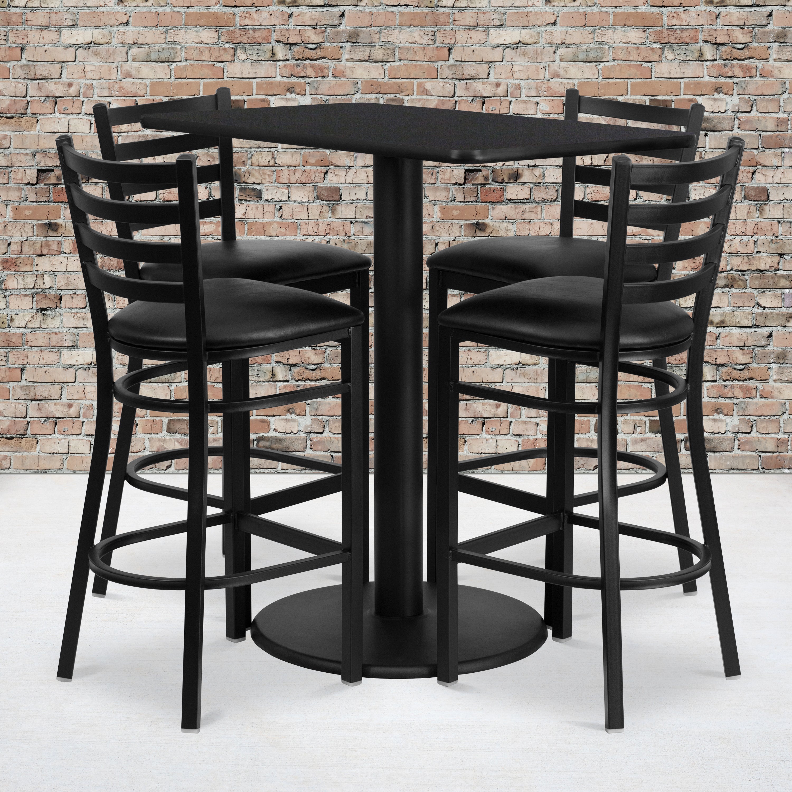 Jamie 24'' x 42'' Rectangular Black Laminate Table Set with 4 Ladder Back Metal Barstools - Black Vinyl Seat