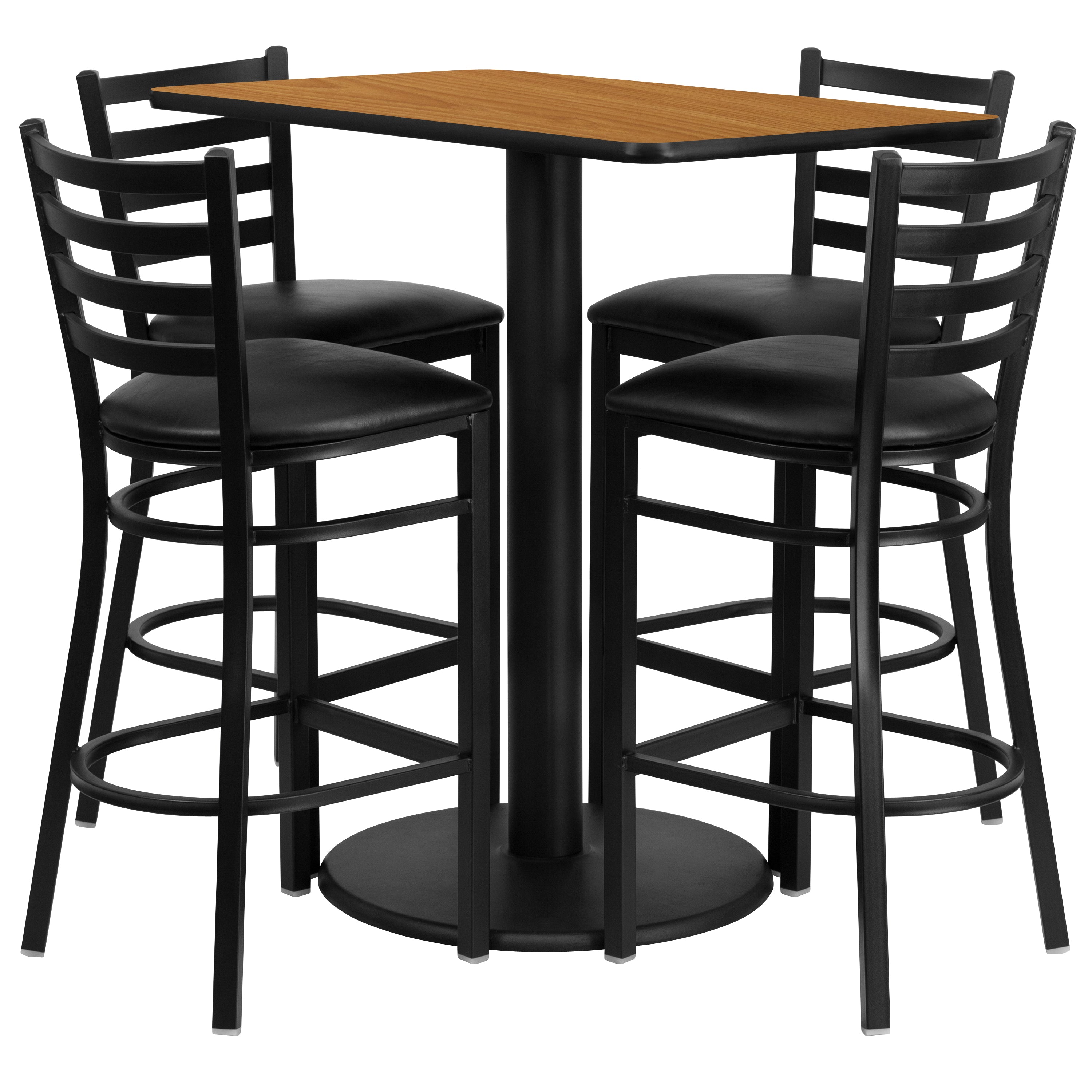 Jamie 24'' x 42'' Rectangular Natural Laminate Table Set with 4 Ladder Back Metal Barstools - Black Vinyl Seat