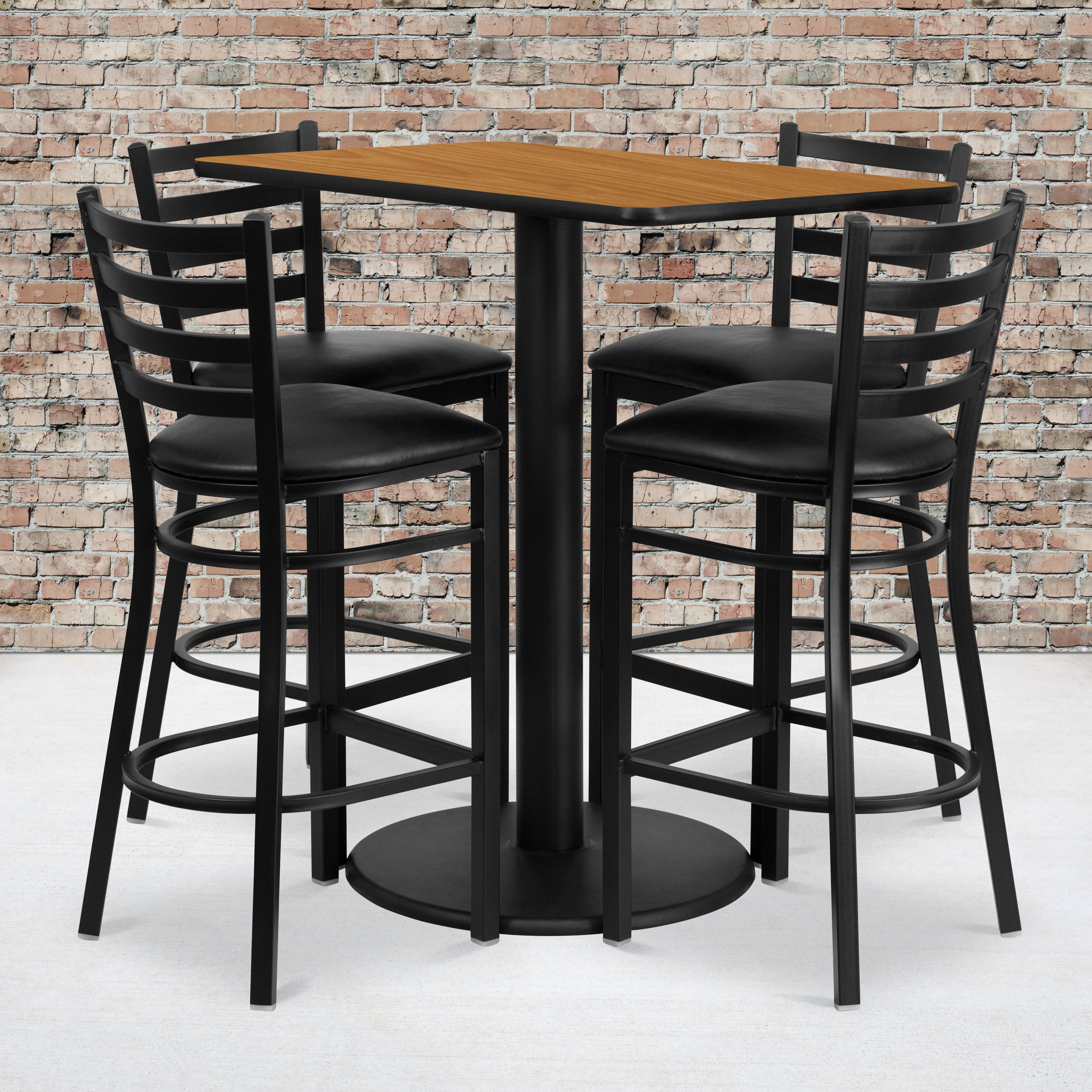 Jamie 24'' x 42'' Rectangular Natural Laminate Table Set with 4 Ladder Back Metal Barstools - Black Vinyl Seat