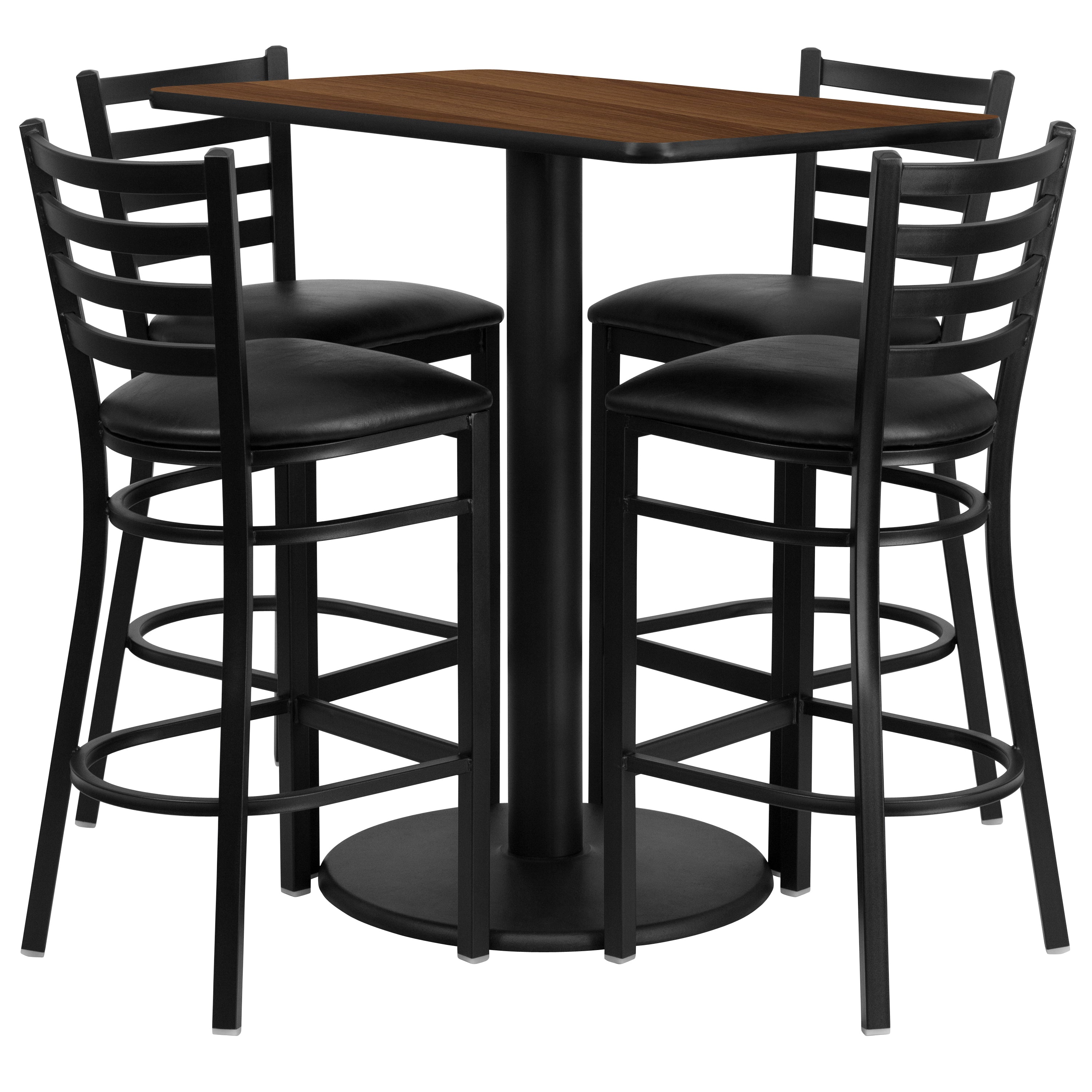 Jamie 24'' x 42'' Rectangular Walnut Laminate Table Set with 4 Ladder Back Metal Barstools - Black Vinyl Seat