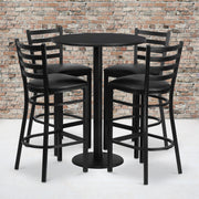 Jamie 30'' Round Black Laminate Table Set with Round Base and 4 Ladder Back Metal Barstools - Black Vinyl Seat