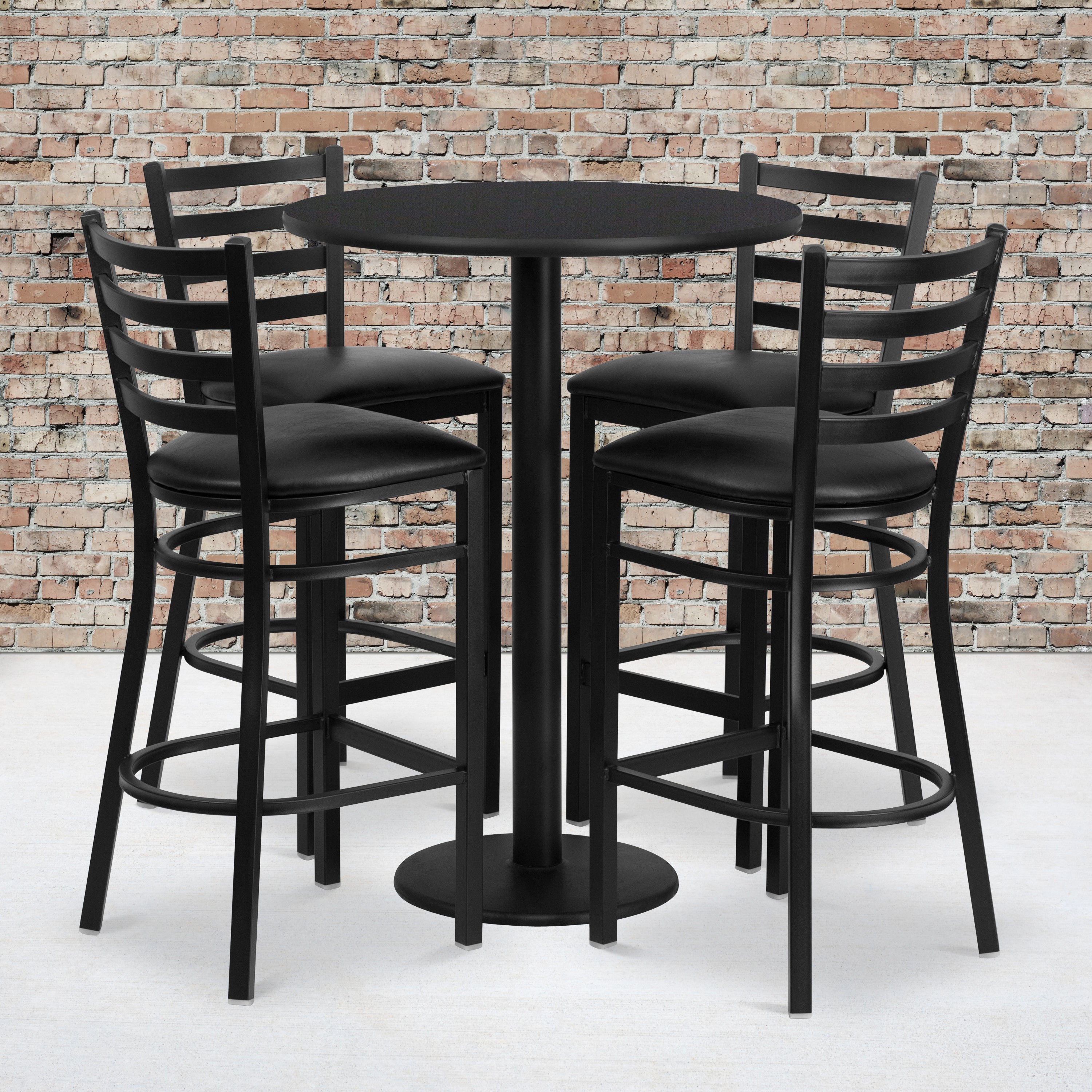 Jamie 30'' Round Black Laminate Table Set with Round Base and 4 Ladder Back Metal Barstools - Black Vinyl Seat
