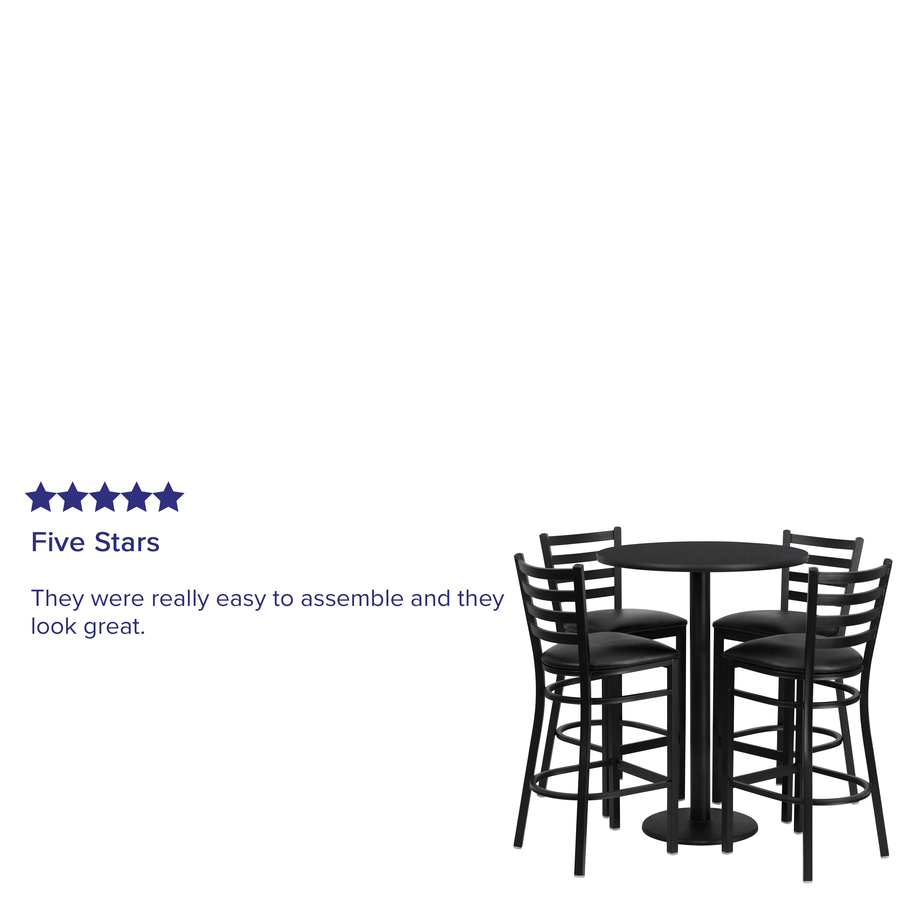 Jamie 30'' Round Black Laminate Table Set with Round Base and 4 Ladder Back Metal Barstools - Black Vinyl Seat