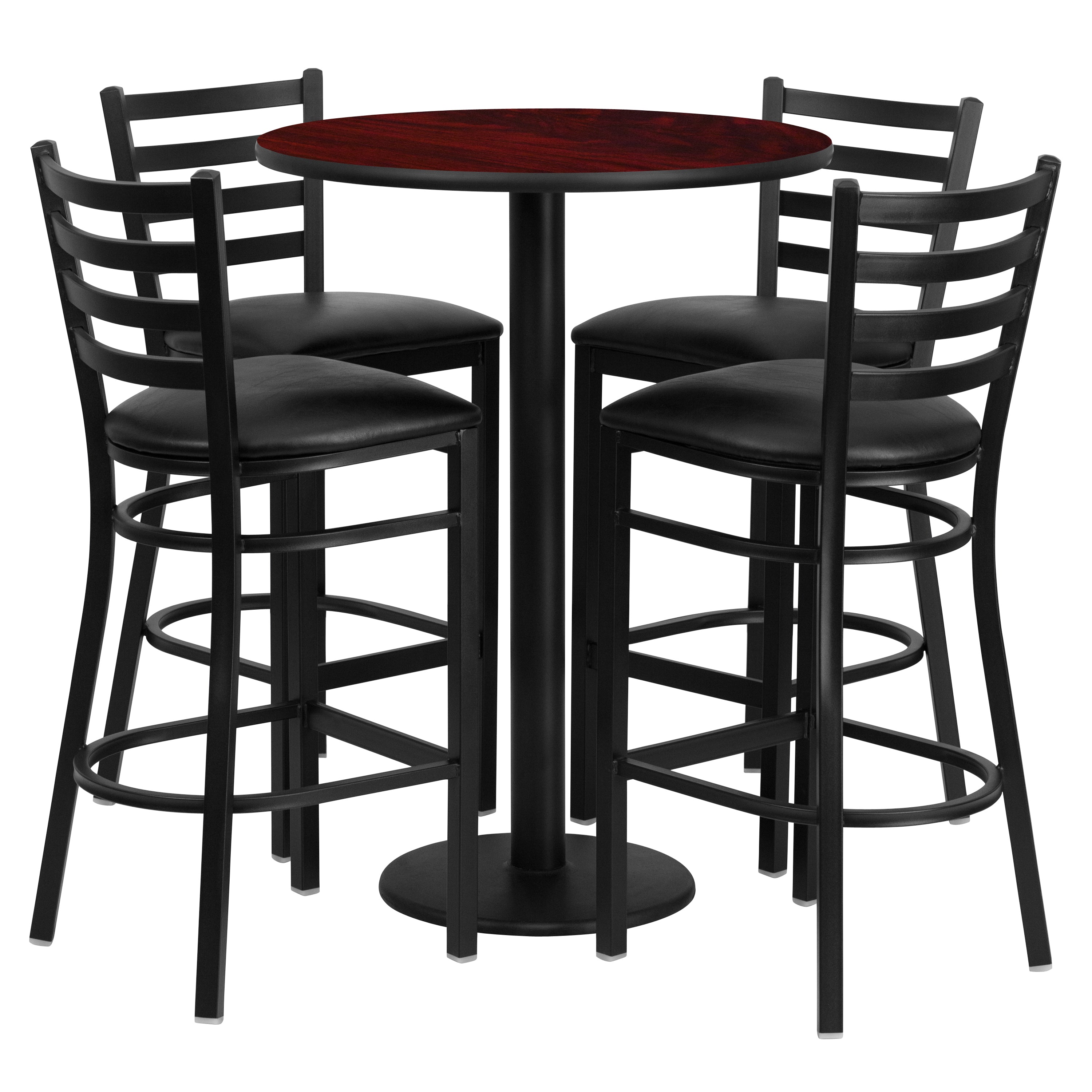 Jamie 30'' Round Mahogany Laminate Table Set with Round Base and 4 Ladder Back Metal Barstools - Black Vinyl Seat